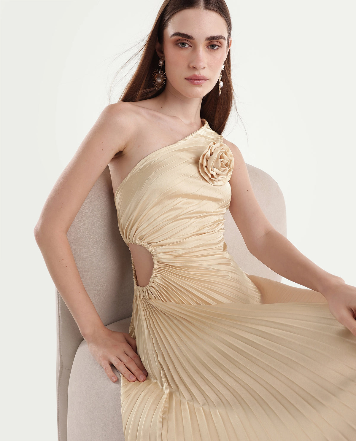Rareism Women's Pichina Light Gold Polyester Flared Dress - image 1