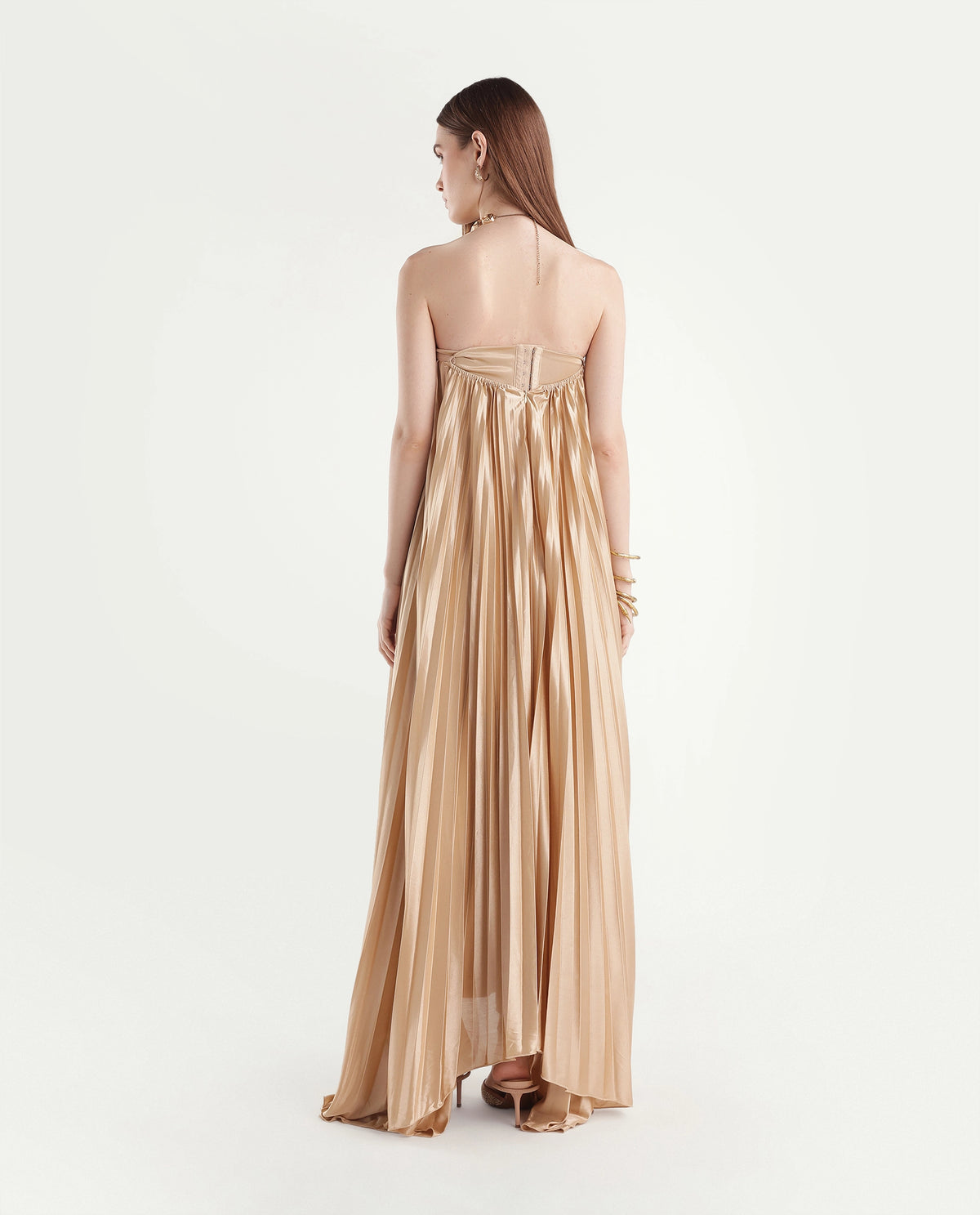 Rareism Women's Pichy Light Gold Polyester Zipper Empire Waist Plain Dress - image 6