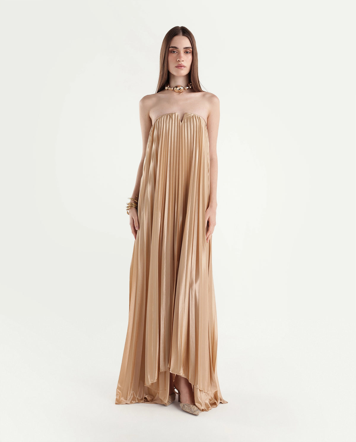 Rareism Women's Pichy Light Gold Polyester Zipper Empire Waist Plain Dress - image 2