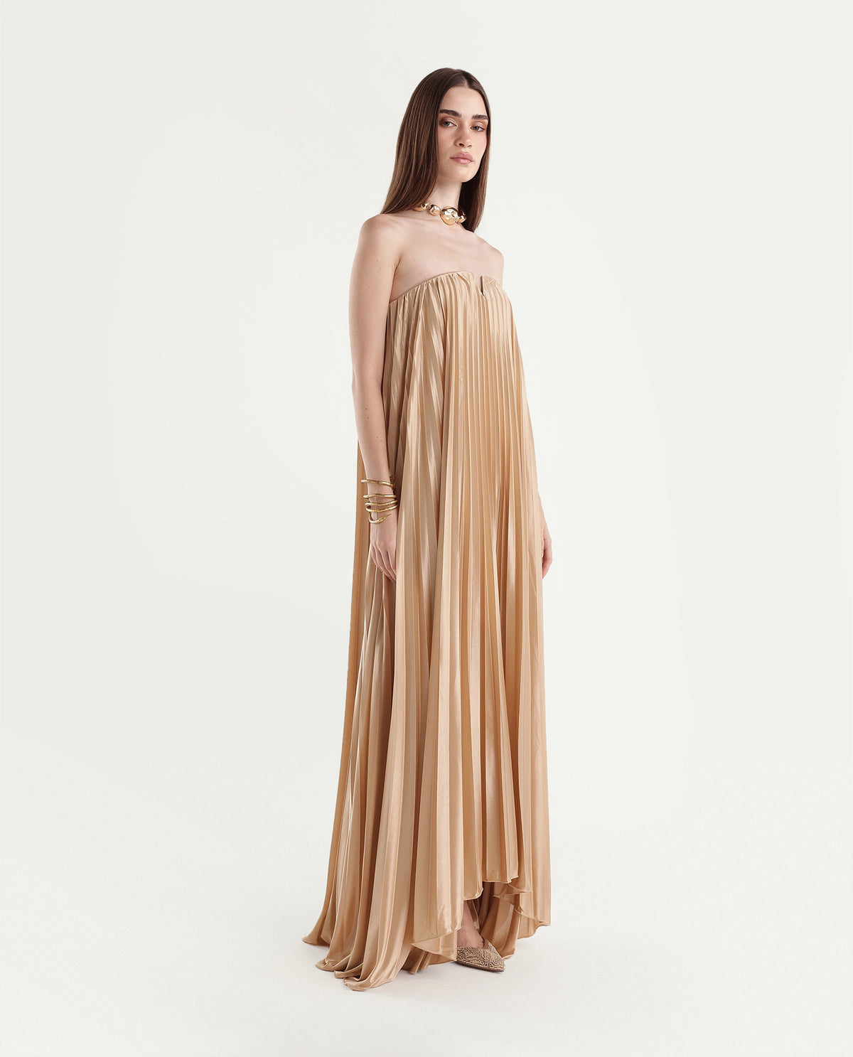 Rareism Women's Pichy Light Gold Polyester Zipper Empire Waist Plain Dress - image 4