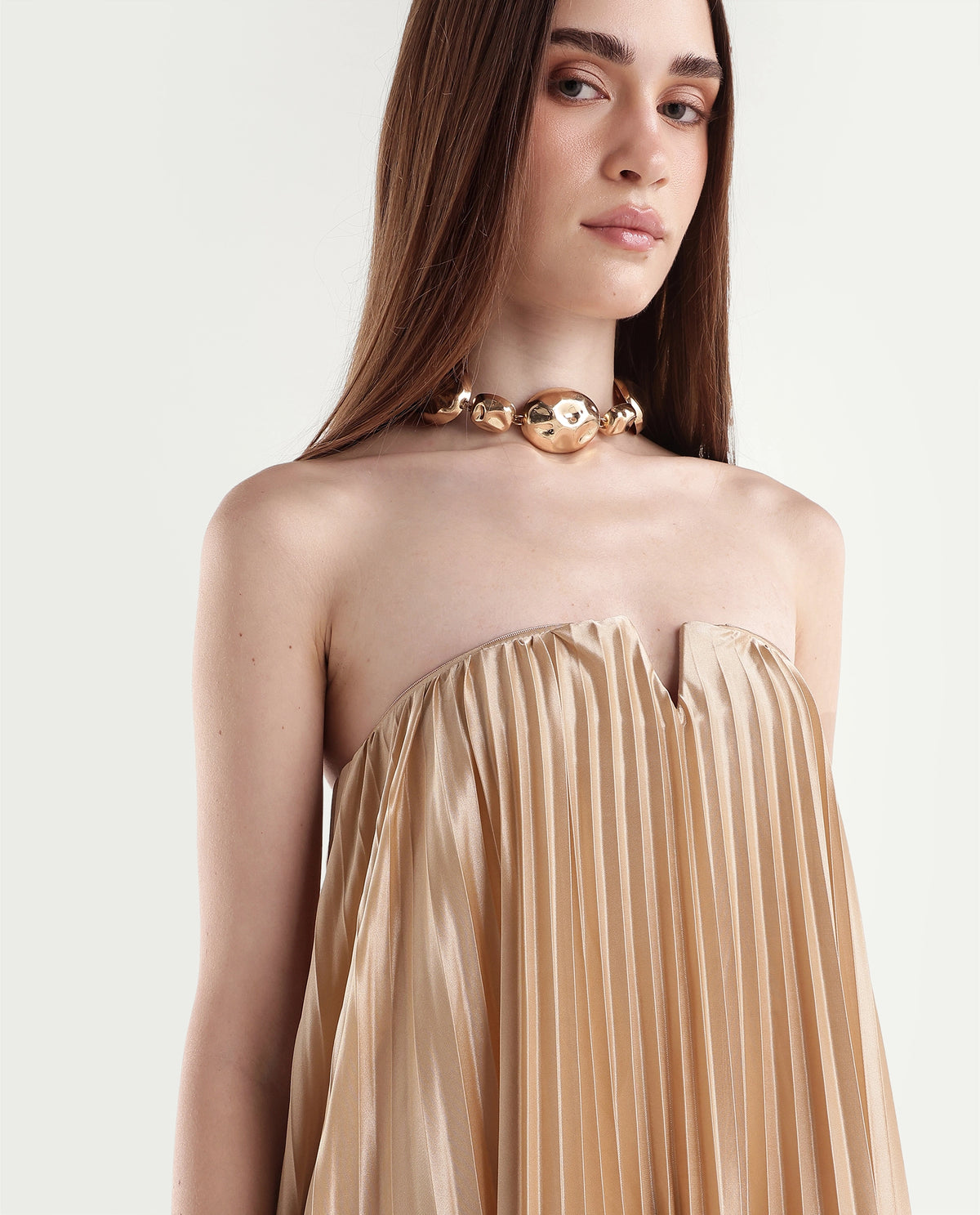 Rareism Women's Pichy Light Gold Polyester Zipper Empire Waist Plain Dress - image 3