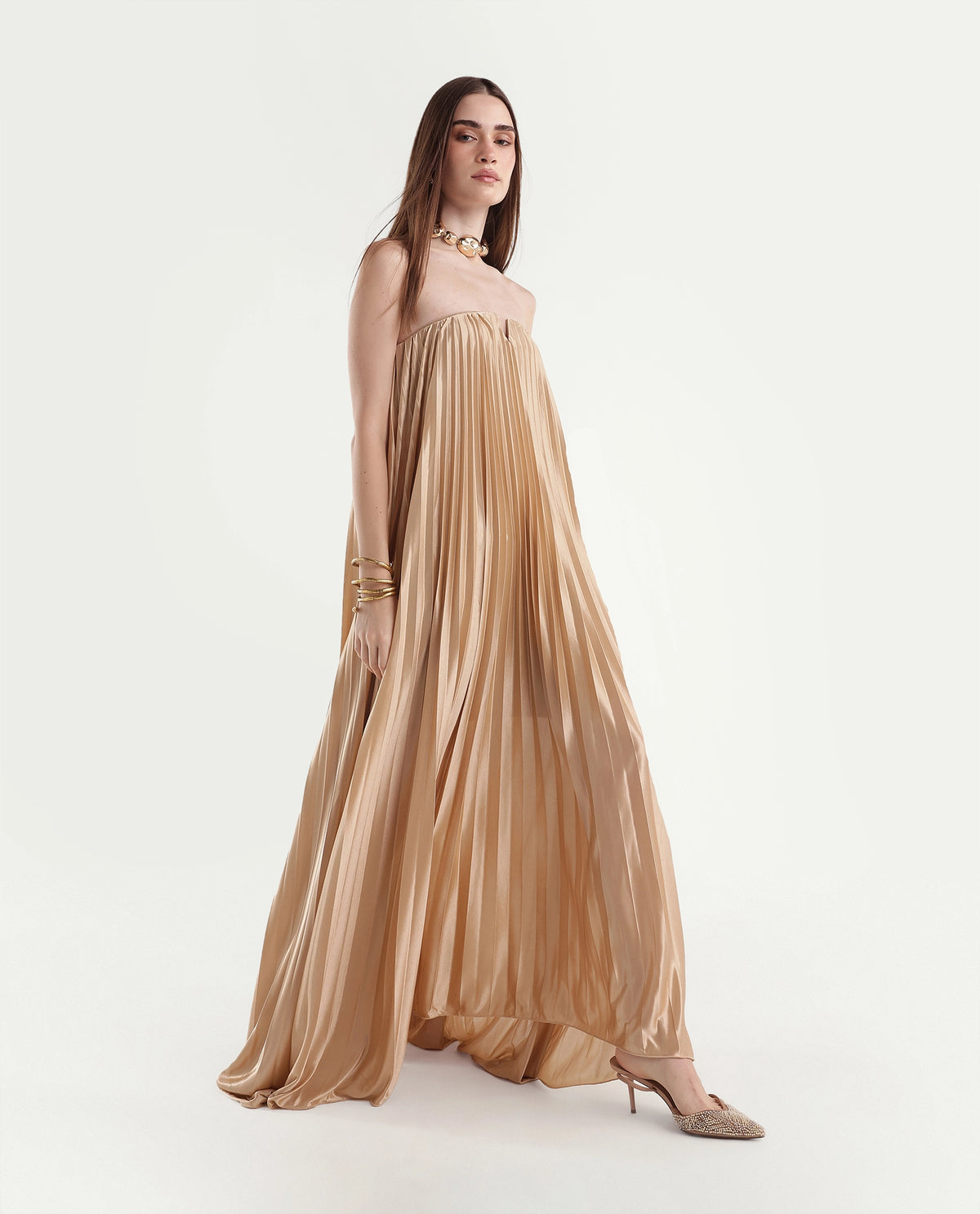 Rareism Women's Pichy Light Gold Polyester Zipper Empire Waist Plain Dress - image 7