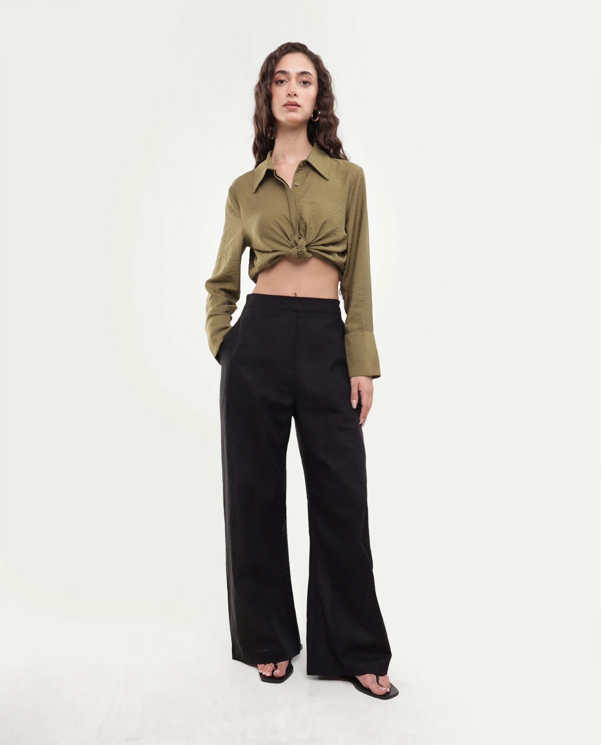 Rareism Women's Mong Black Plain Linen Blend Barrel Regular Trouser