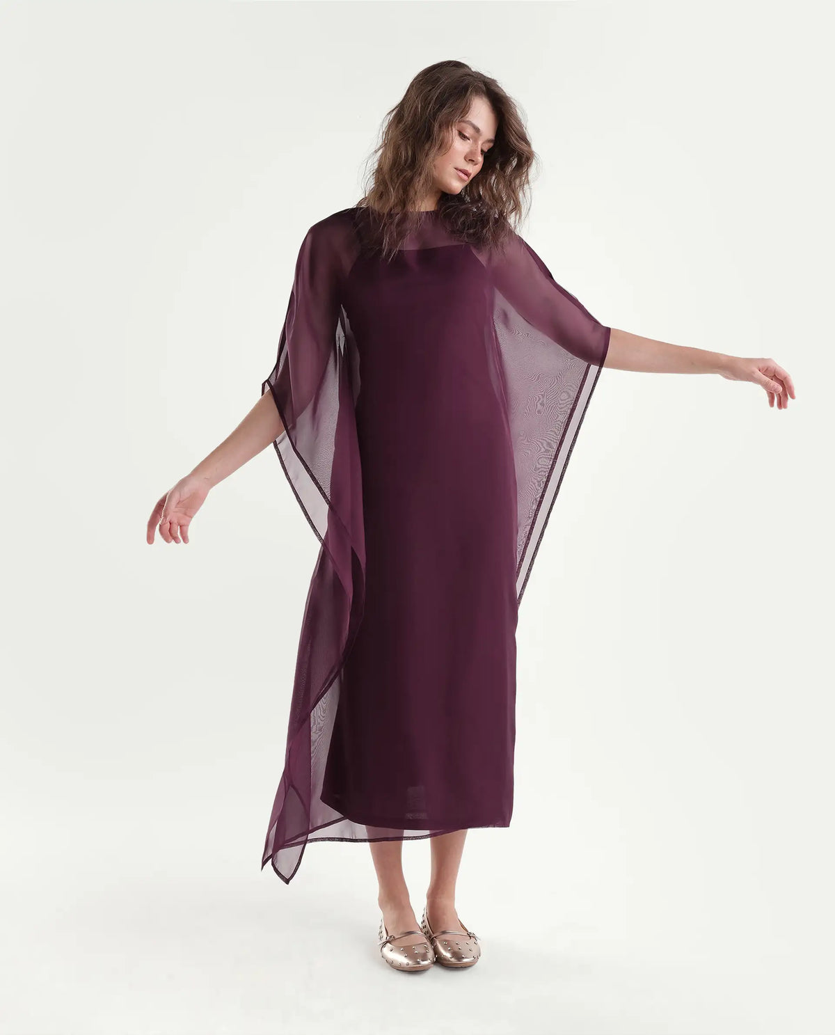 Rareism Women's Xikan Primary Maroon Polyester High Neck Kaftan Plain Dress