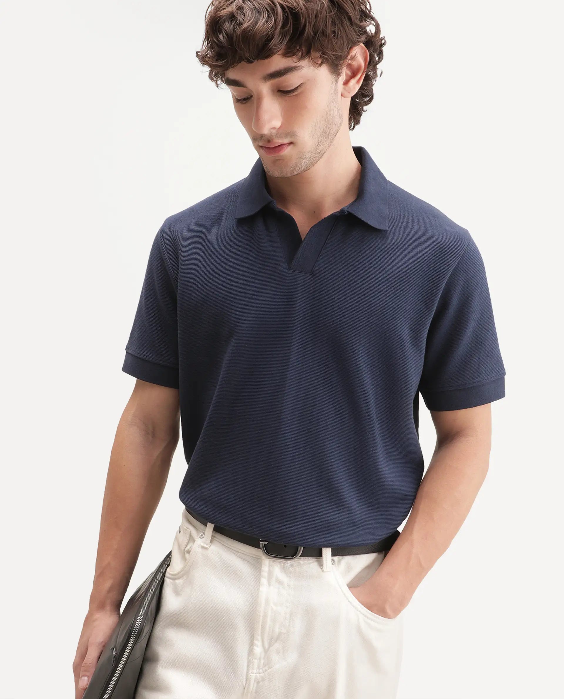 Rare Rabbit Men's Claws Primary Navy Cotton Blend Jonny Collar Regular Plain Polo