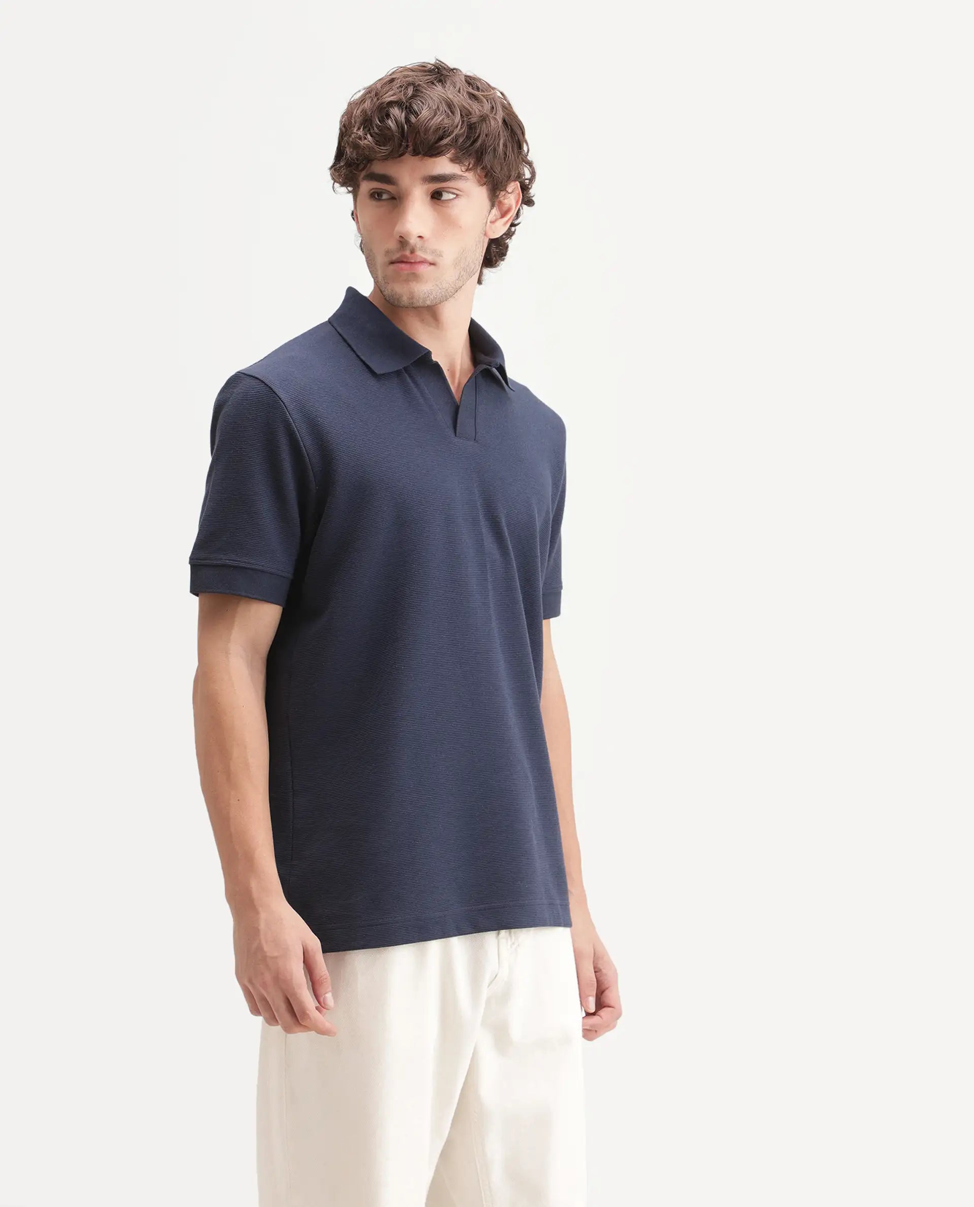 Rare Rabbit Men's Claws Primary Navy Cotton Blend Jonny Collar Regular Plain Polo