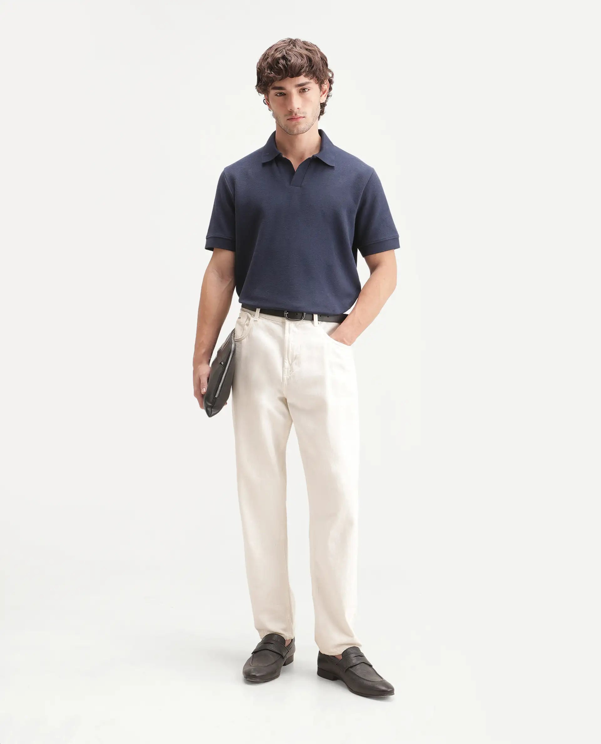 Rare Rabbit Men's Claws Primary Navy Cotton Blend Jonny Collar Regular Plain Polo