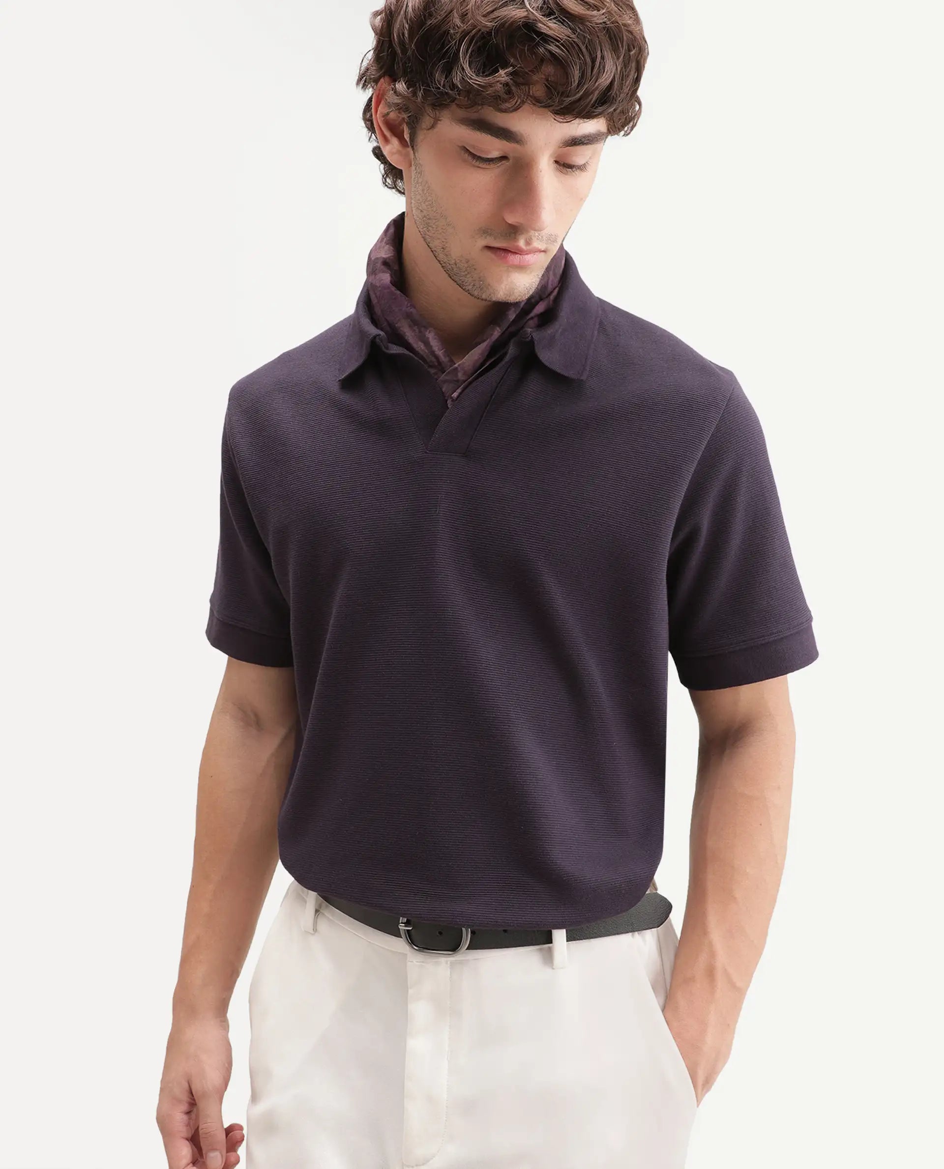 Rare Rabbit Men's Claws Dark Purple Cotton Blend Jonny Collar Regular Plain Polo