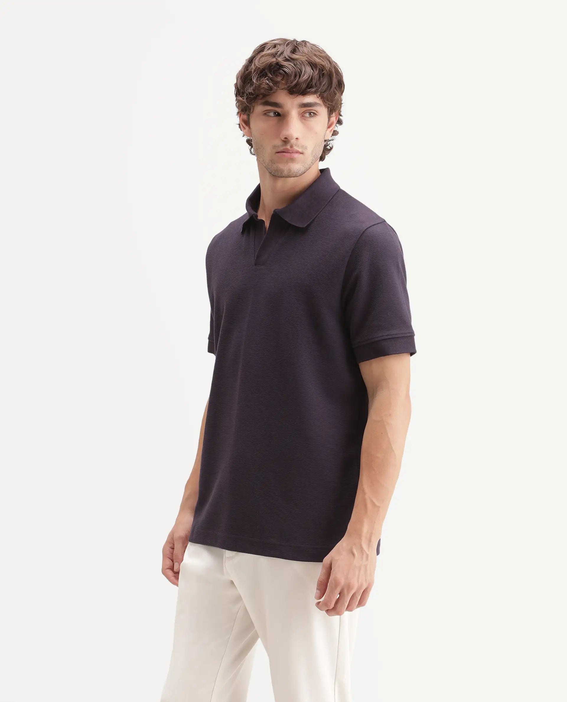 Rare Rabbit Men's Claws Dark Purple Cotton Blend Jonny Collar Regular Plain Polo