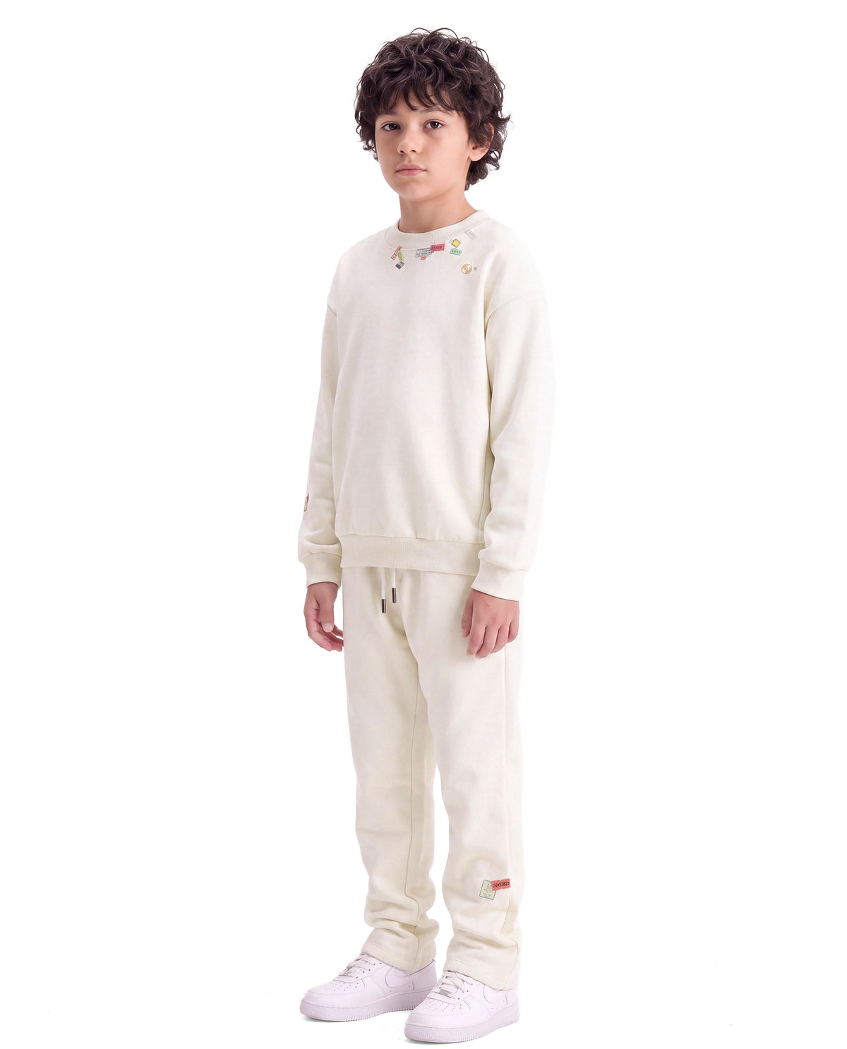 Rare Ones Kids Silo-B Off White Cotton Blend Fabric Drawstring Closure Jogger Fit Sticker Print Track Pant