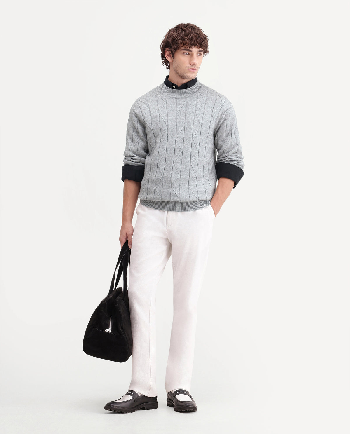 Rare Rabbit Men Byro Dusky Grey Acrylic Blend Crew Neck Plain Regular Textured Sweater