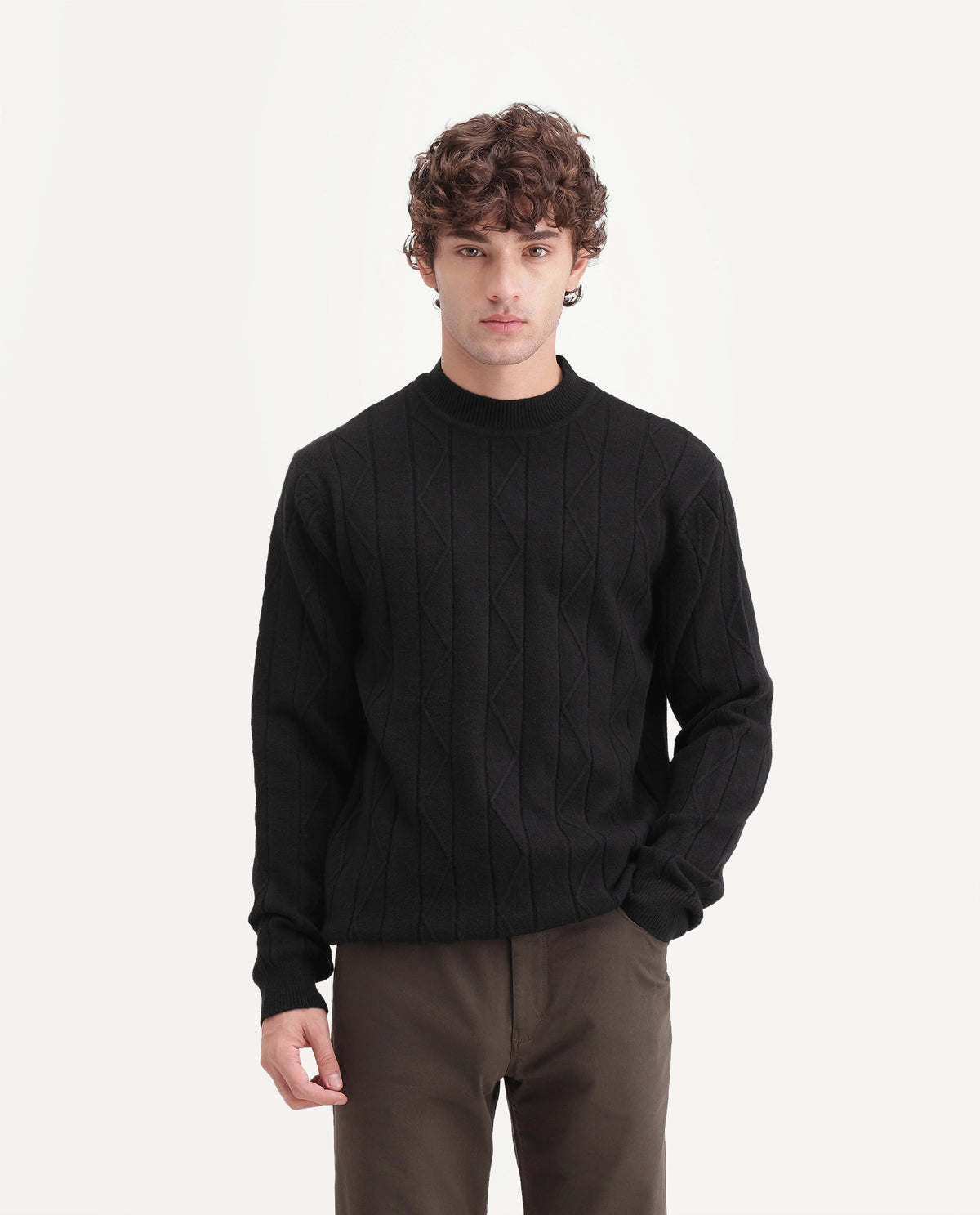 Rare Rabbit Men Byro Primary Black Acrylic Blend Crew Neck Plain Textured Sweater