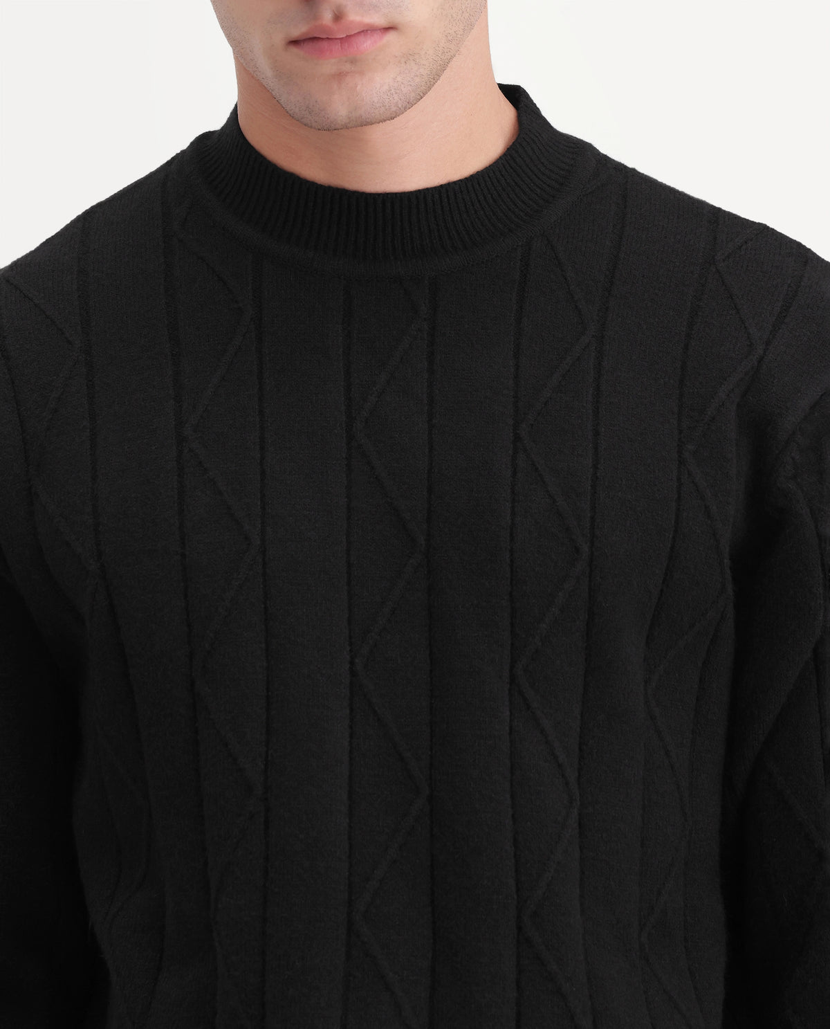 Rare Rabbit Men Byro Primary Black Acrylic Blend Crew Neck Plain Textured Sweater