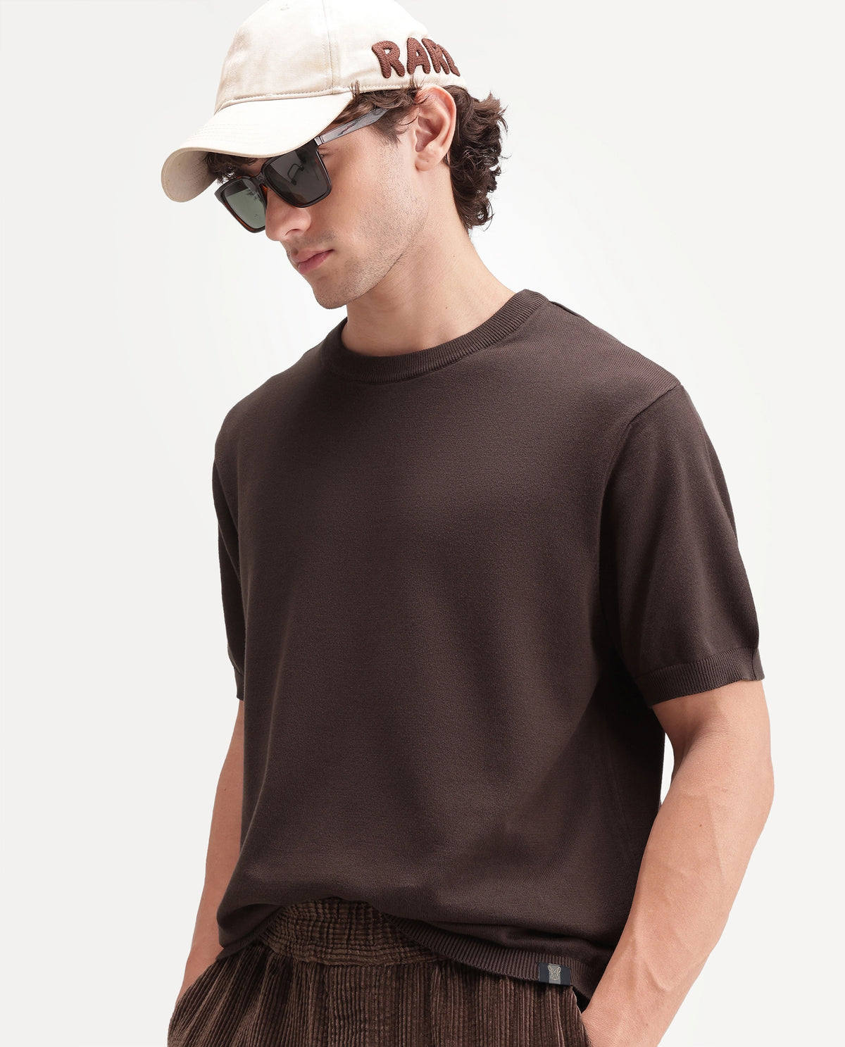 Rare Rabbit Men's  Erter Dark Brown Cotton Crew Neck Regular Plain T-Shirt