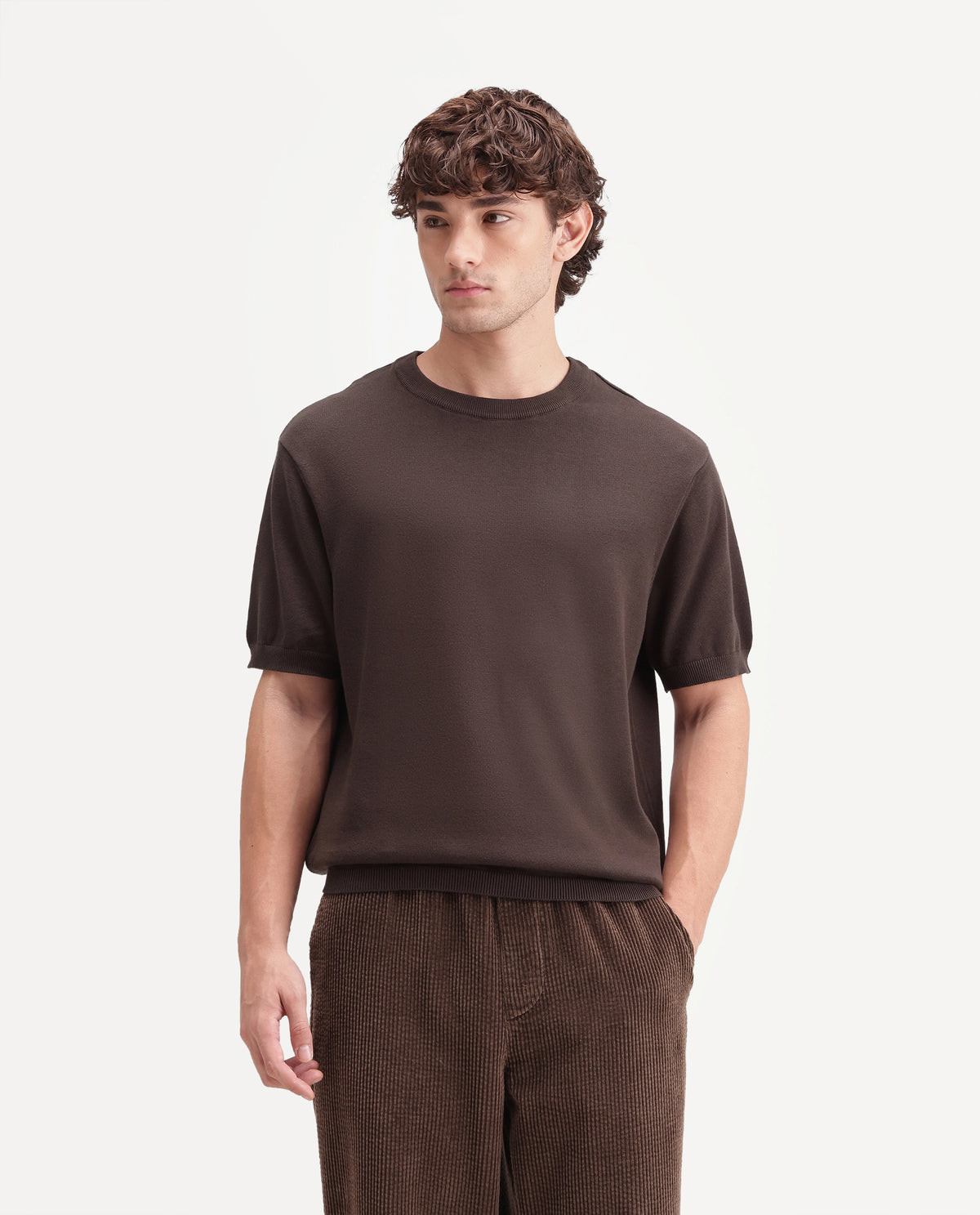 Rare Rabbit Men's  Erter Dark Brown Cotton Crew Neck Regular Plain T-Shirt
