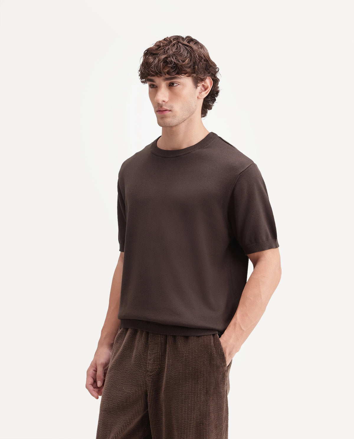 Rare Rabbit Men's  Erter Dark Brown Cotton Crew Neck Regular Plain T-Shirt