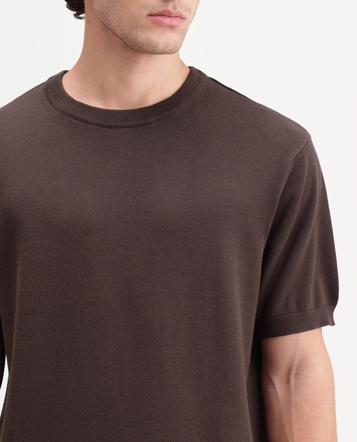 Rare Rabbit Men's  Erter Dark Brown Cotton Crew Neck Regular Plain T-Shirt