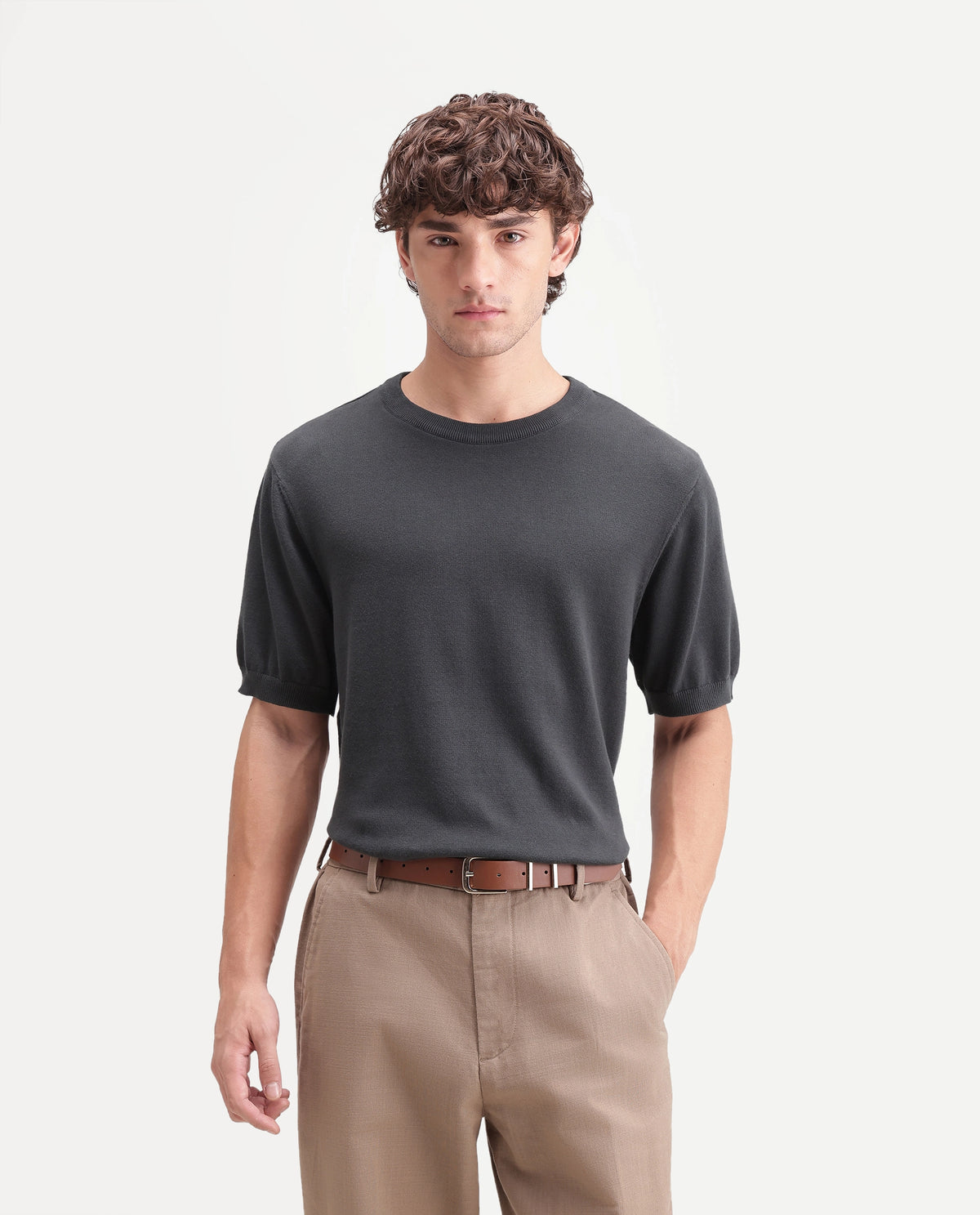 Rare Rabbit Men's  Erter Grey Cotton Crew Neck Regular Plain T-Shirt