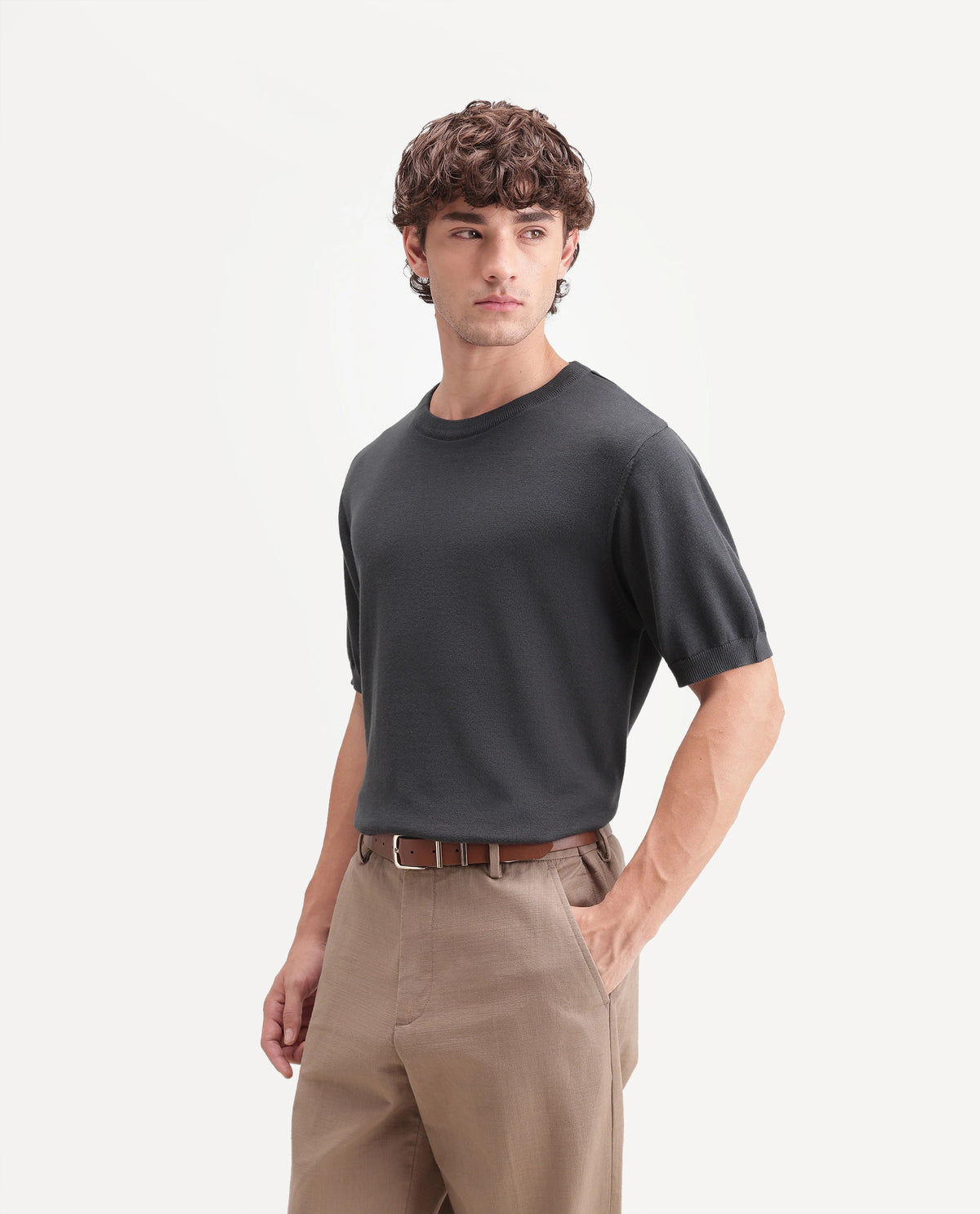 Rare Rabbit Men's  Erter Grey Cotton Crew Neck Regular Plain T-Shirt