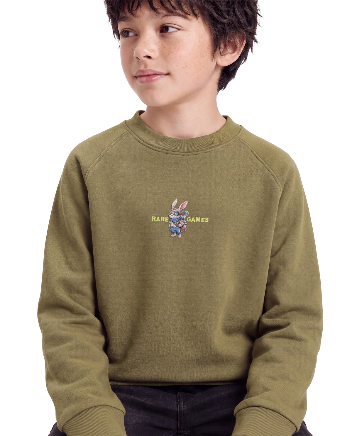 Rare Ones Kids Consi Olive Cotton Blend Fabric Crew Neck Pull-On Closure Regular Fit Digital Print Sweatshirt