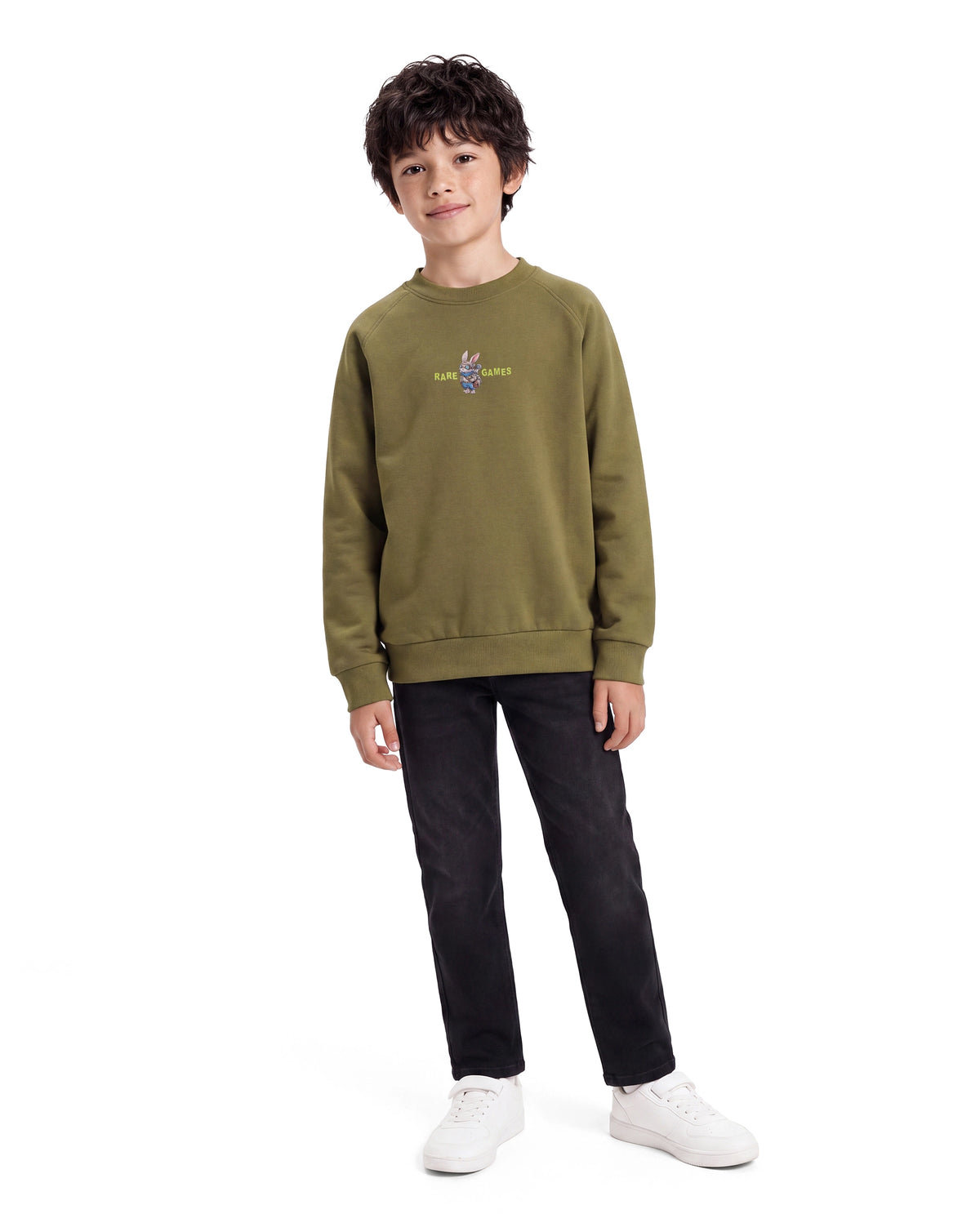 Rare Ones Kids Consi Olive Cotton Blend Fabric Crew Neck Pull-On Closure Regular Fit Digital Print Sweatshirt