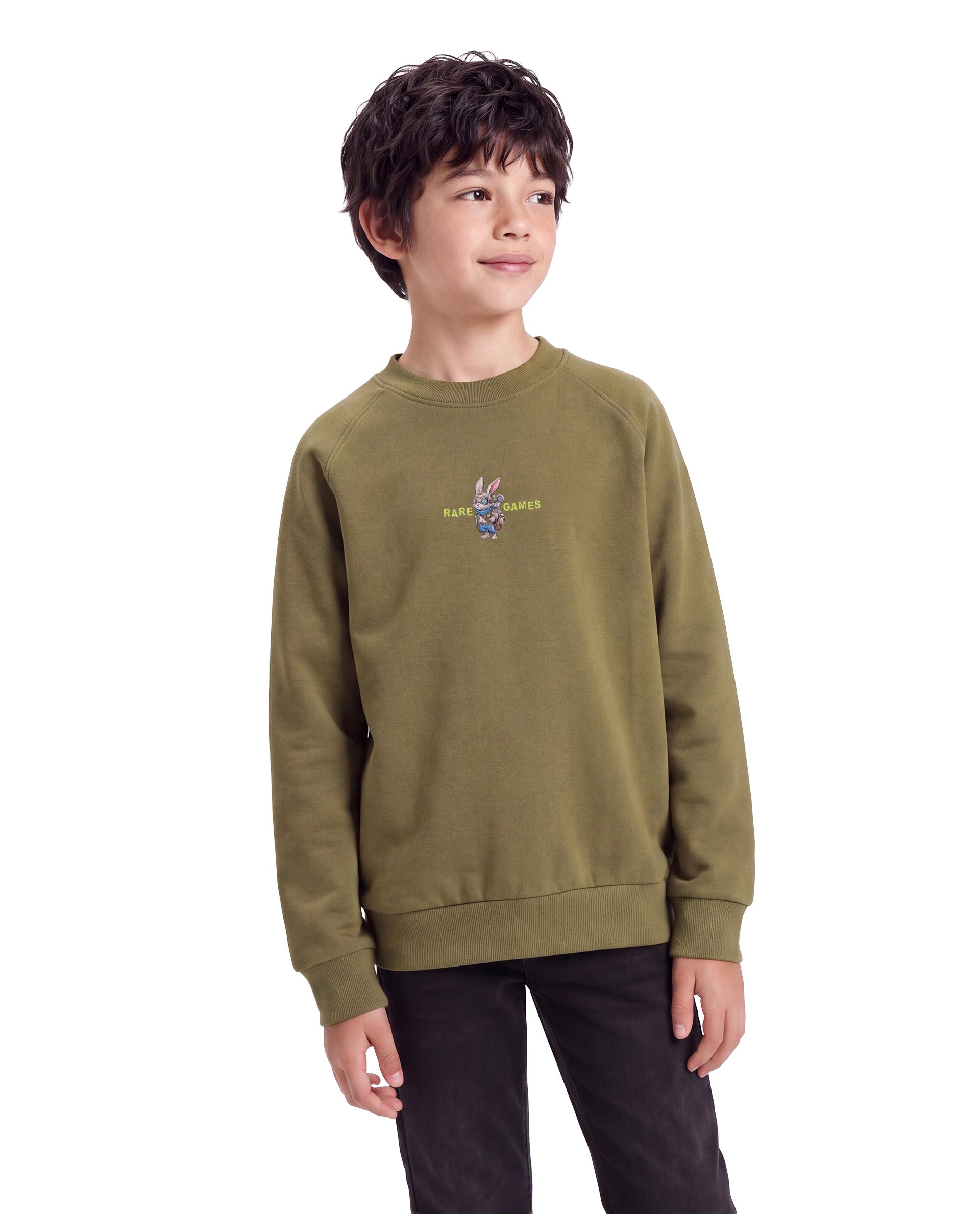 Rare Ones Kids Consi Olive Cotton Blend Fabric Crew Neck Pull-On Closure Regular Fit Digital Print Sweatshirt