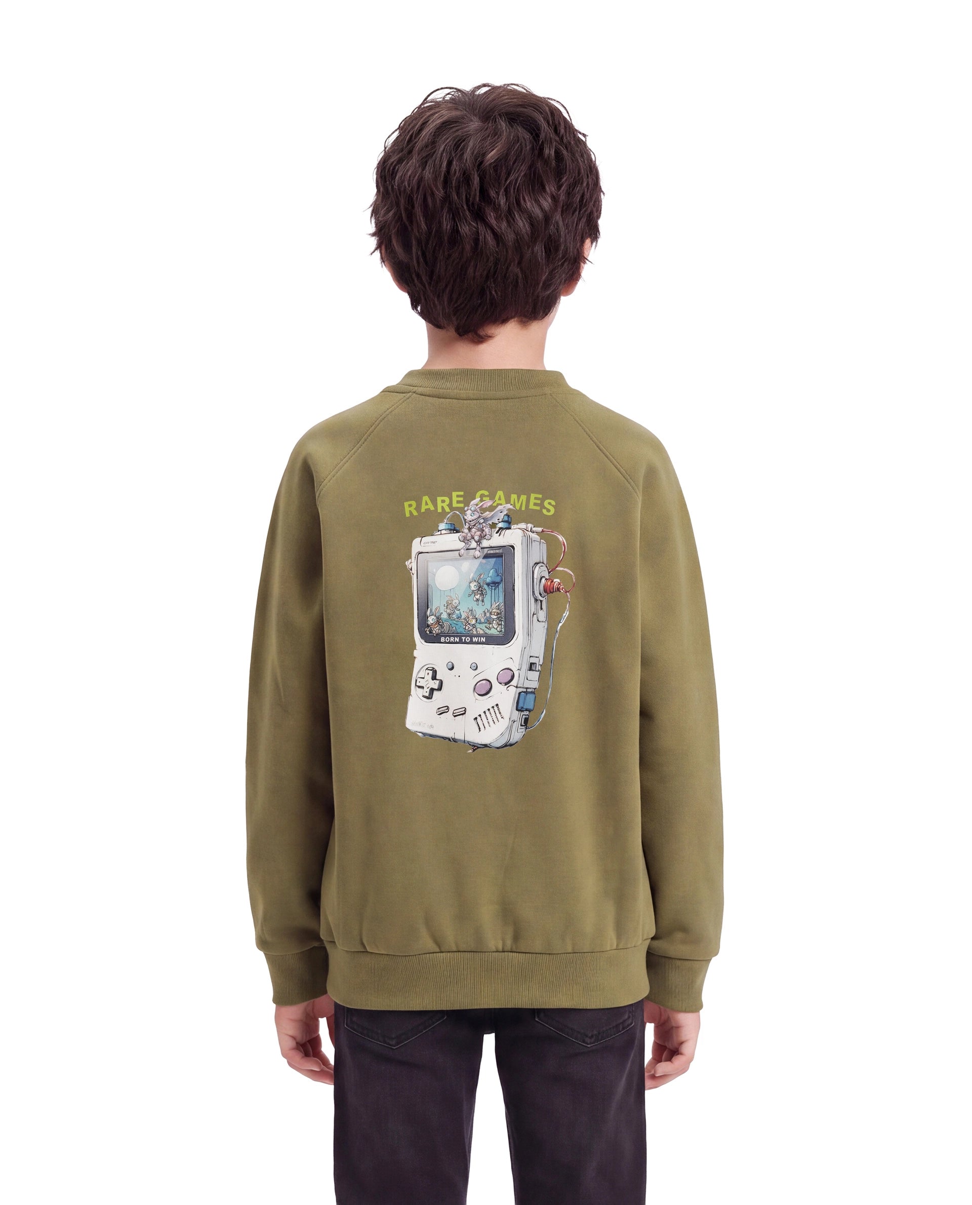 Rare Ones Kids Consi Olive Cotton Blend Fabric Crew Neck Pull-On Closure Regular Fit Digital Print Sweatshirt