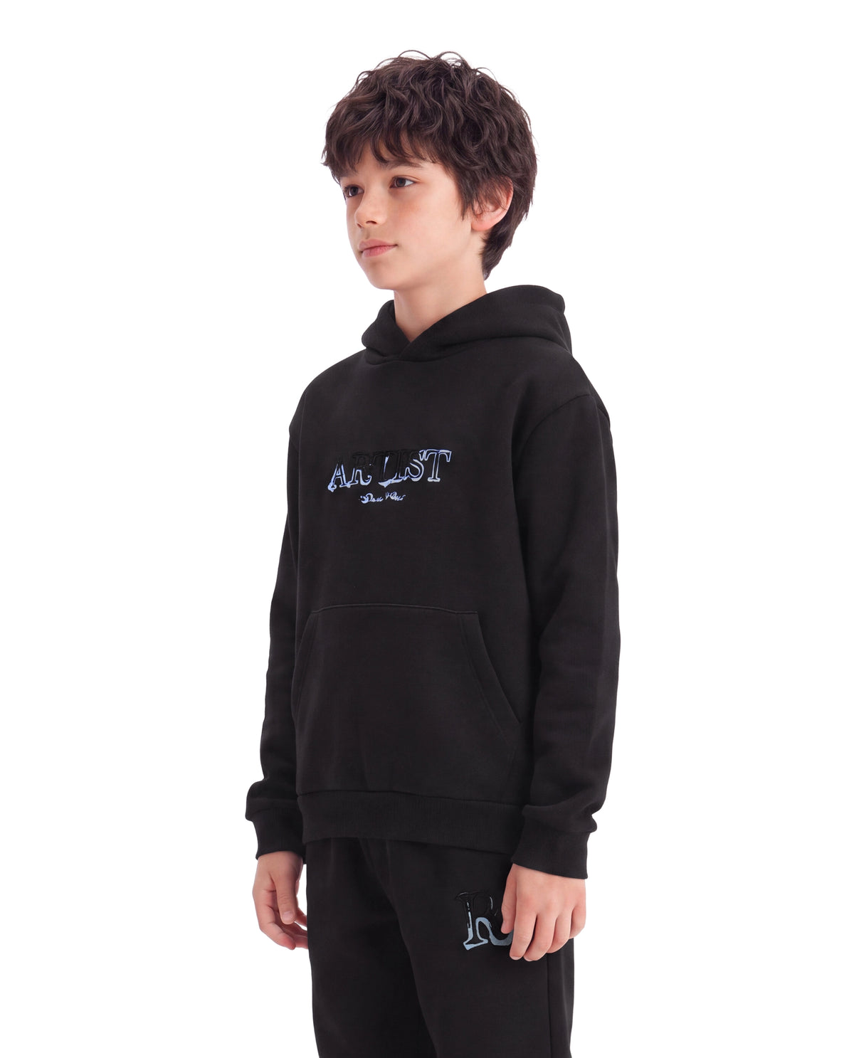 Rare Ones Kids Blane Black Cotton Blend Fabric Hooded Pull-On Closure Oversized Fit Flock Print Sweatshirt