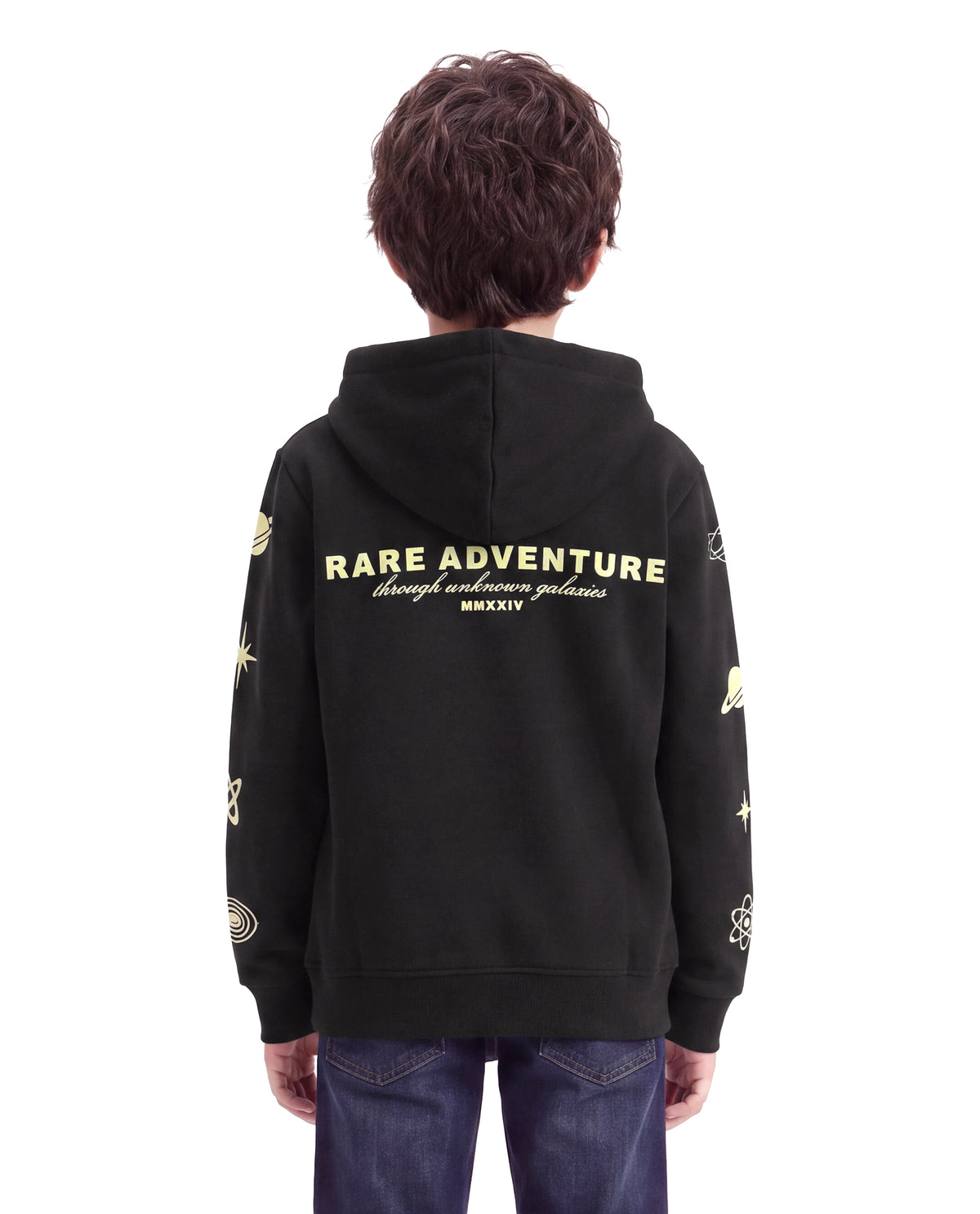 Rare Ones Kids Mars Black Cotton Blend Fabric Hooded Zipper Closure Regular Fit Printed Sweatshirt