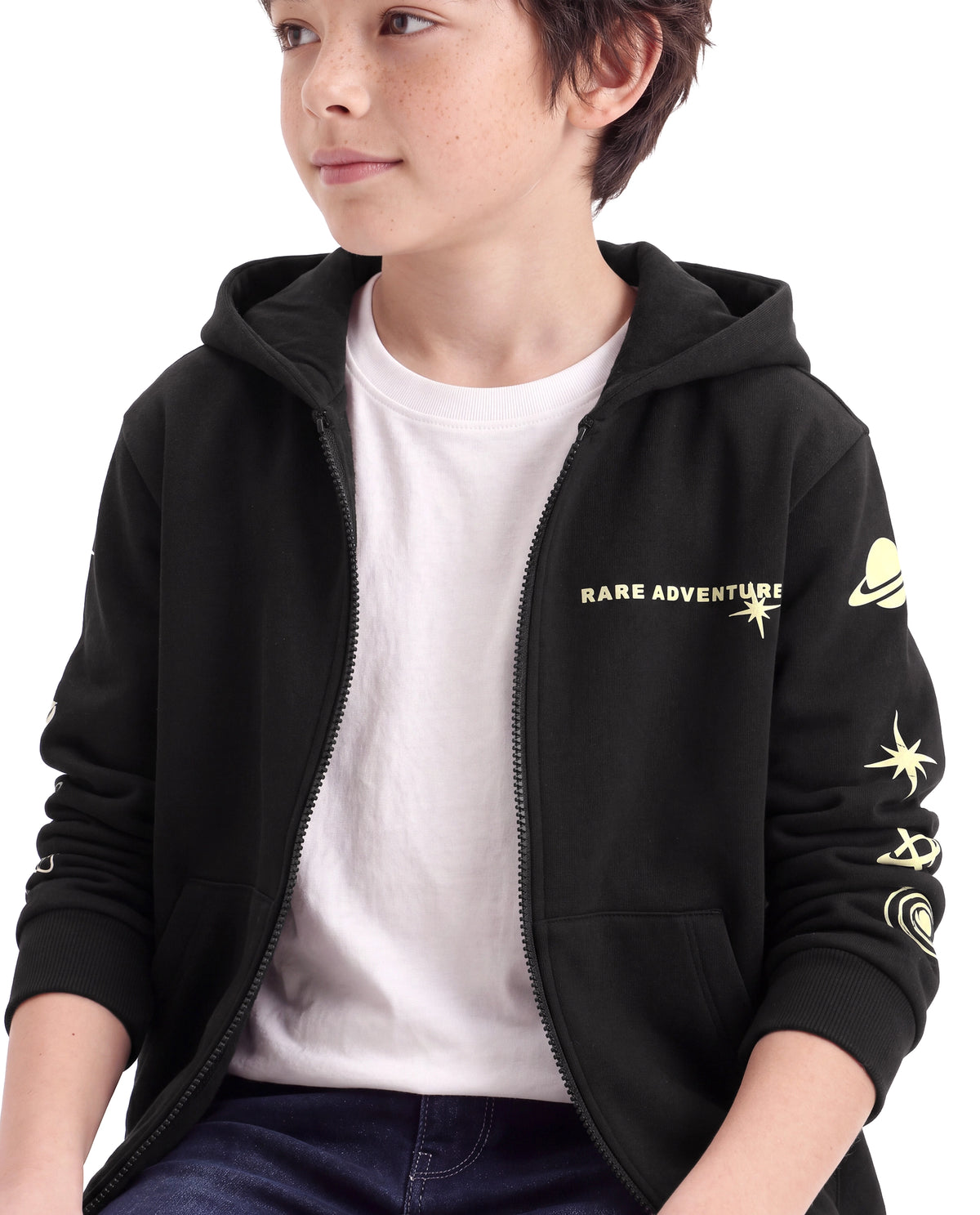 Rare Ones Kids Mars Black Cotton Blend Fabric Hooded Zipper Closure Regular Fit Printed Sweatshirt