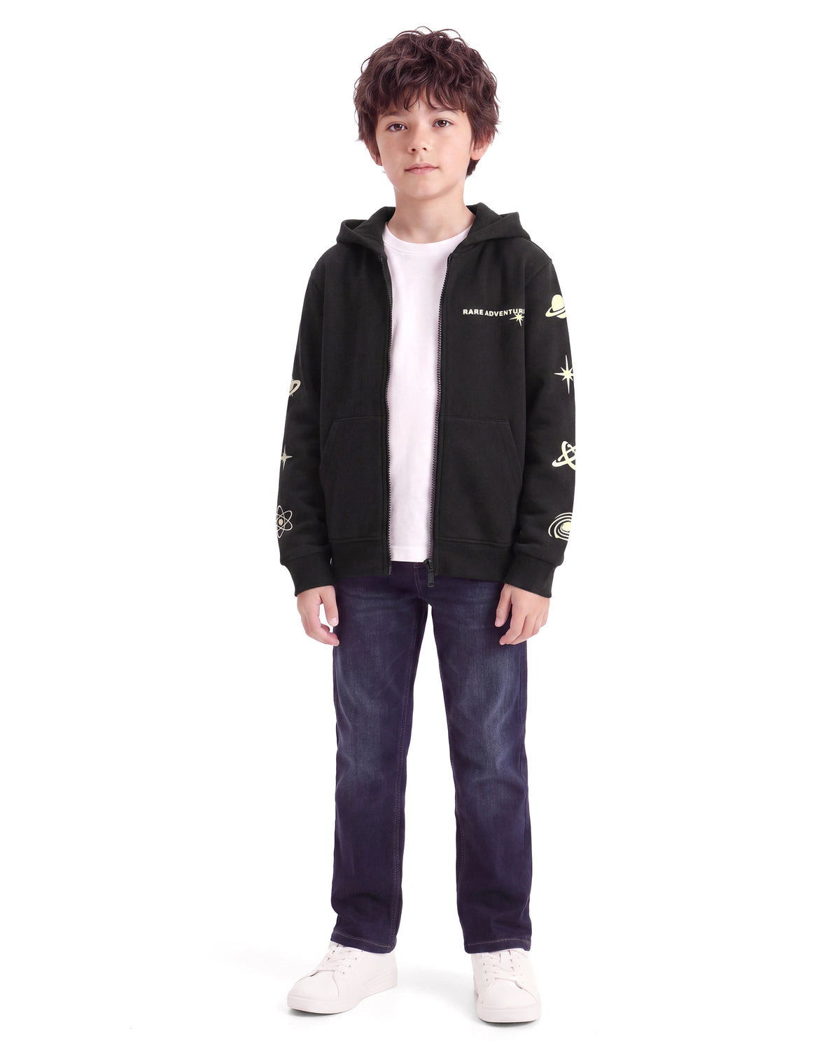 Rare Ones Kids Mars Black Cotton Blend Fabric Hooded Zipper Closure Regular Fit Printed Sweatshirt