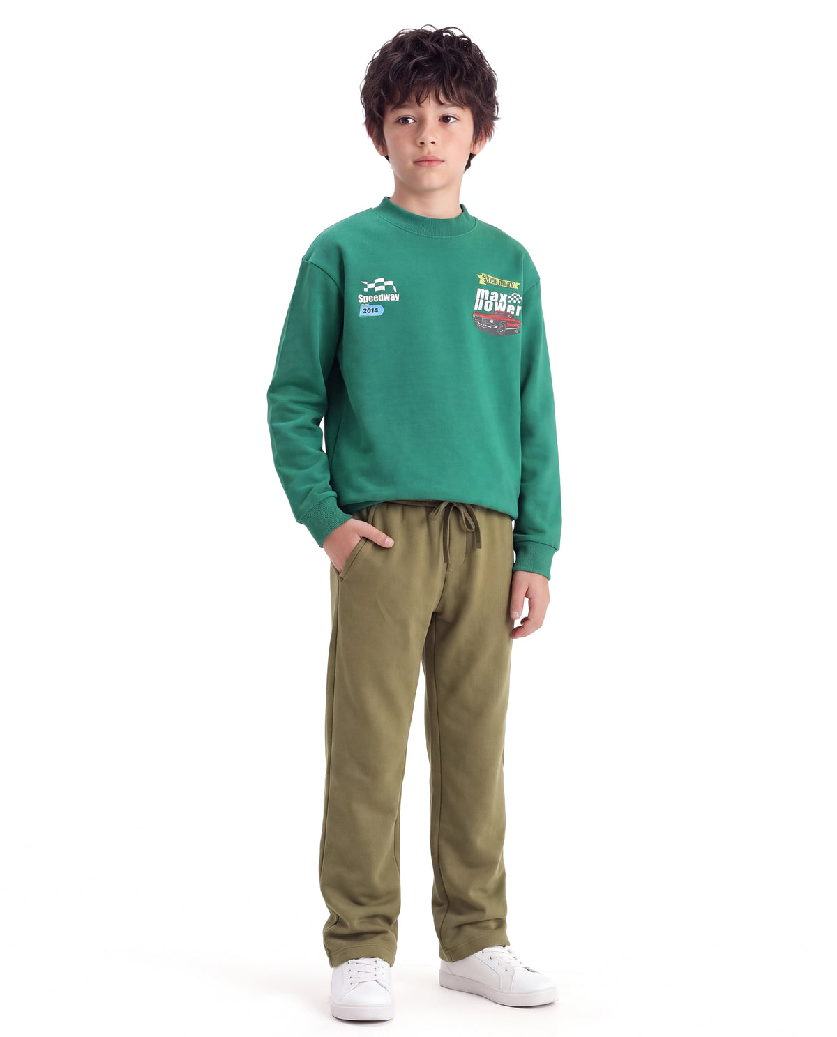 Rare Ones Kids Consi-B Olive Cotton Blend Fabric Drawstring Closure Straight Fit Plain Track Pant
