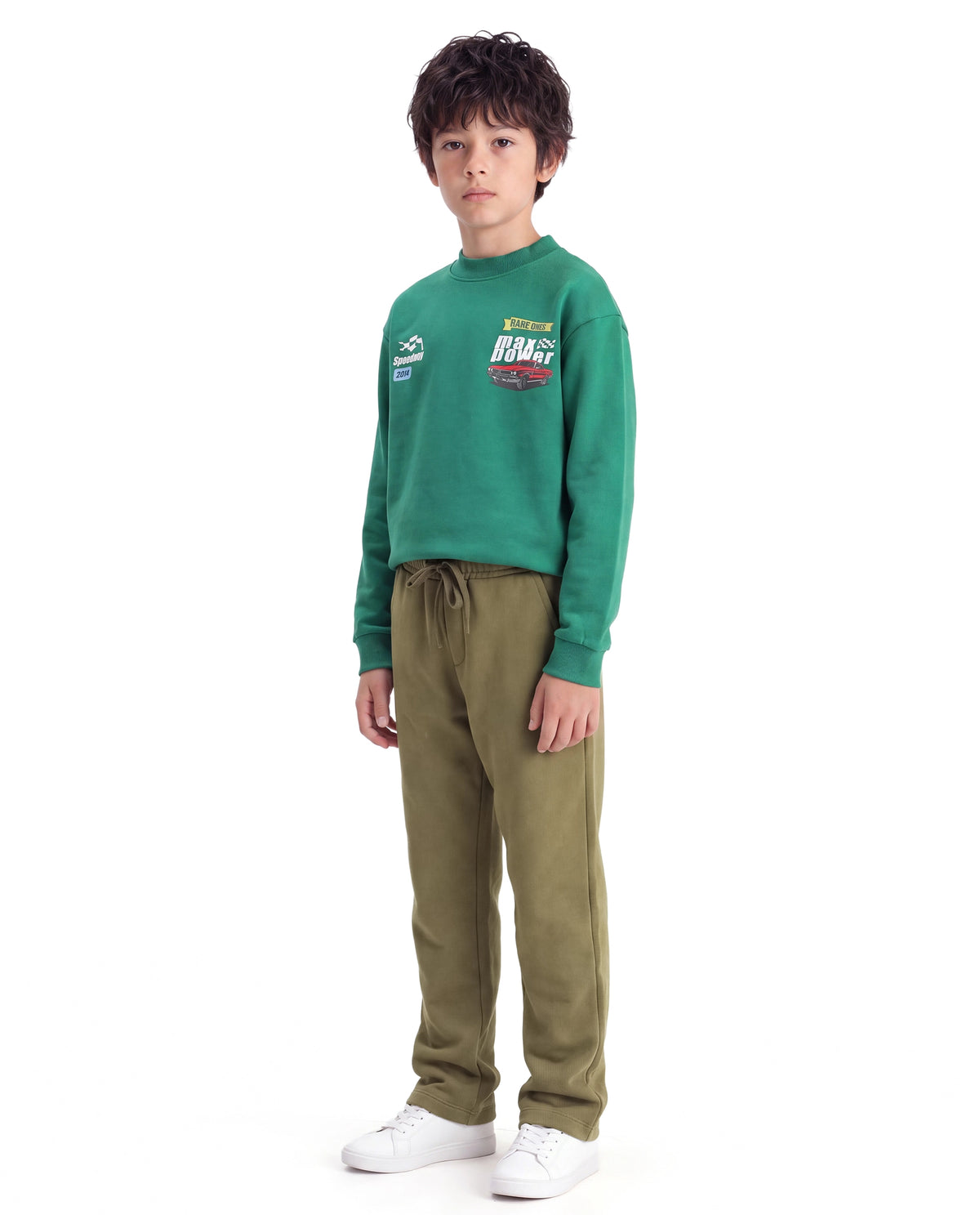 Rare Ones Kids Consi-B Olive Cotton Blend Fabric Drawstring Closure Straight Fit Plain Track Pant