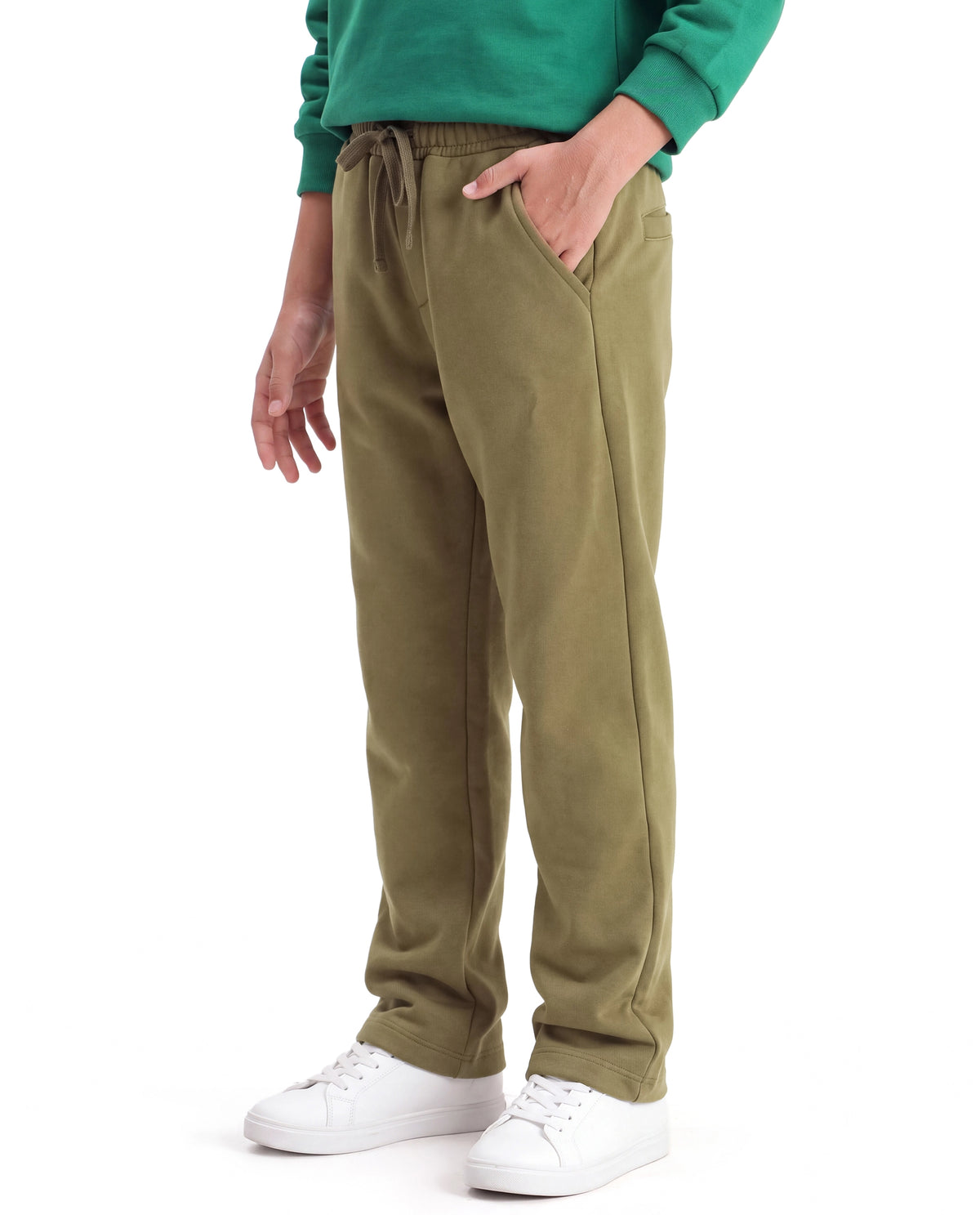 Rare Ones Kids Consi-B Olive Cotton Blend Fabric Drawstring Closure Straight Fit Plain Track Pant