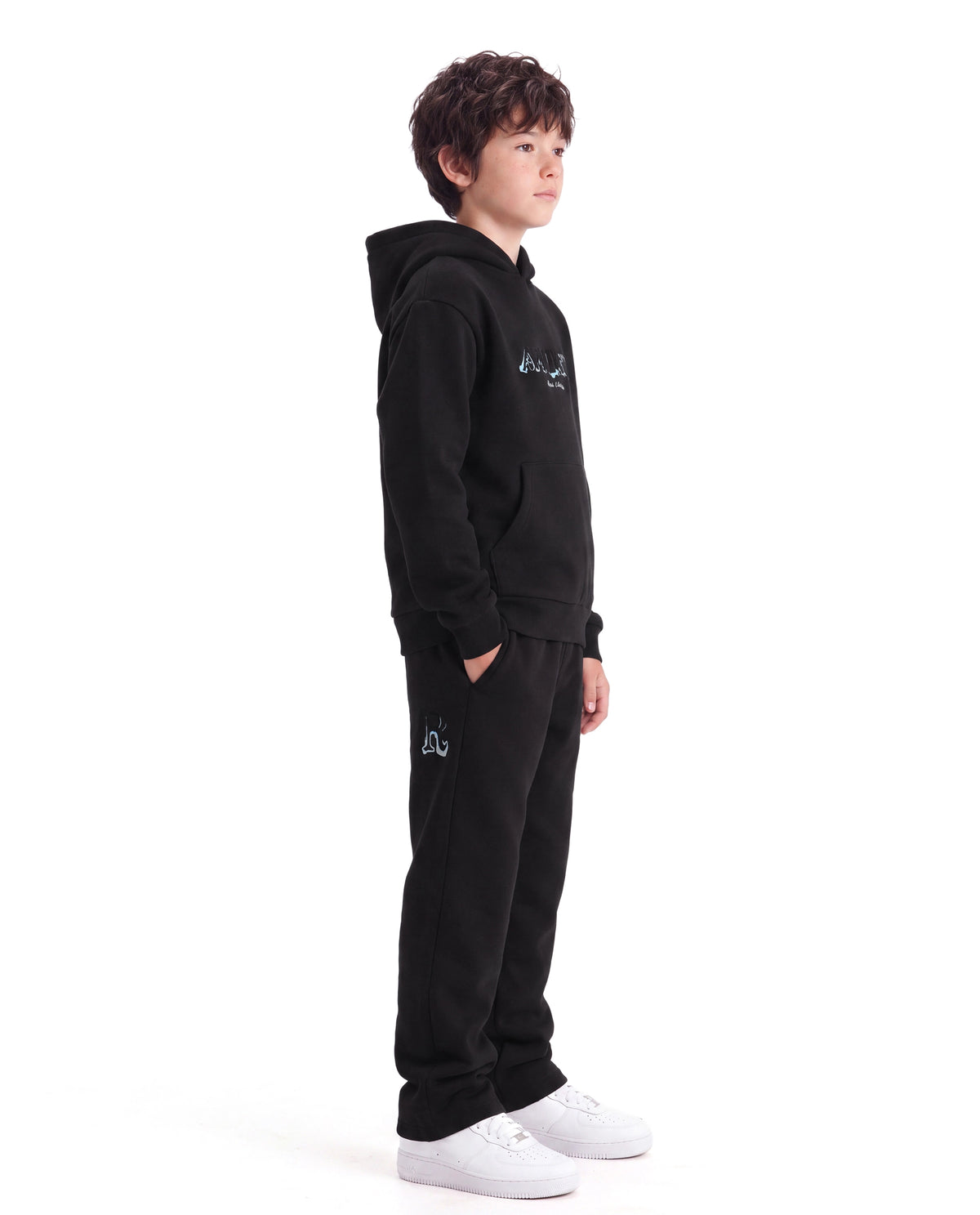 Rare Ones Kids Blane-B Black Cotton Blend Fabric Drawstring Closure Straight Fit Flock Print Track Pant