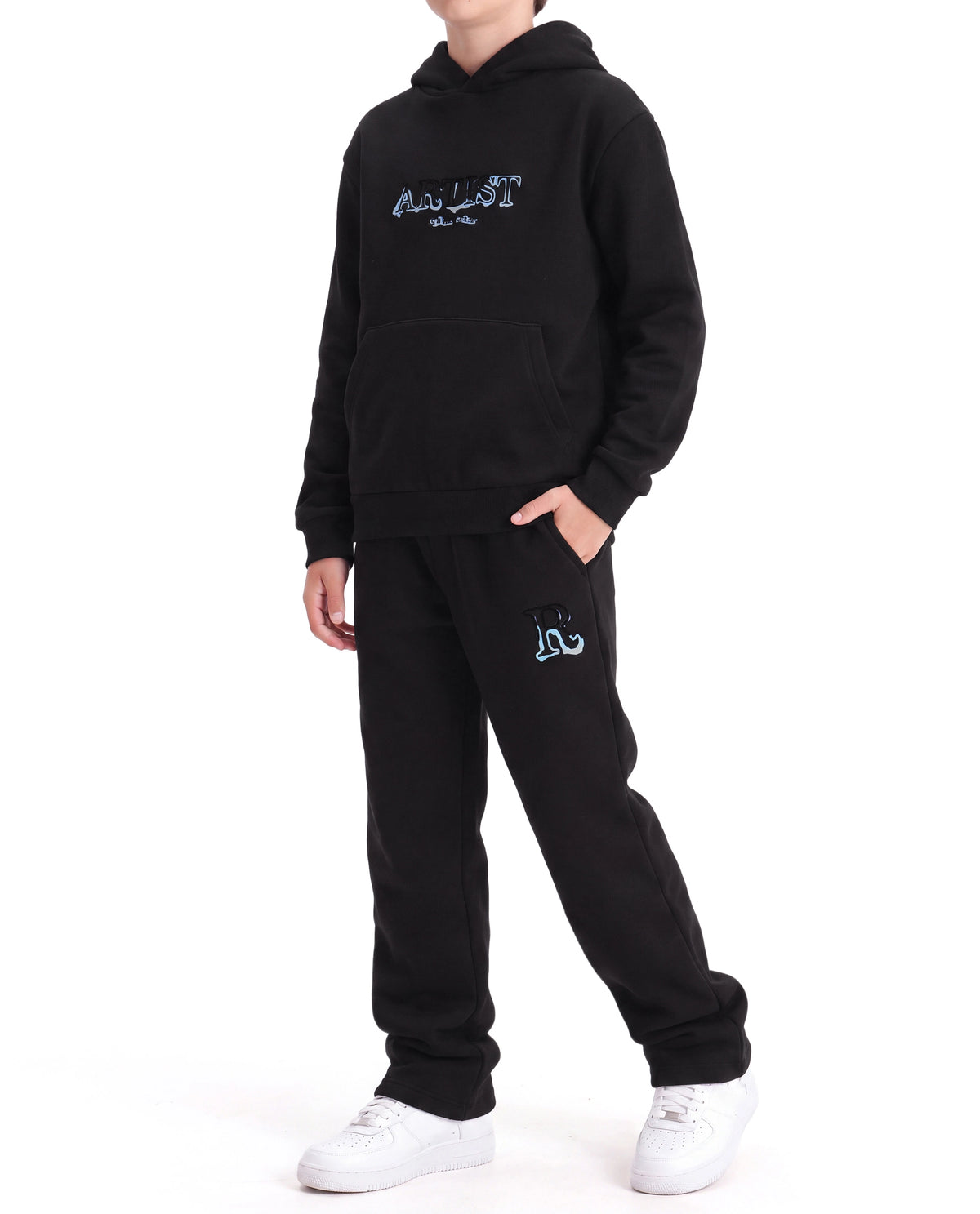 Rare Ones Kids Blane-B Black Cotton Blend Fabric Drawstring Closure Straight Fit Flock Print Track Pant