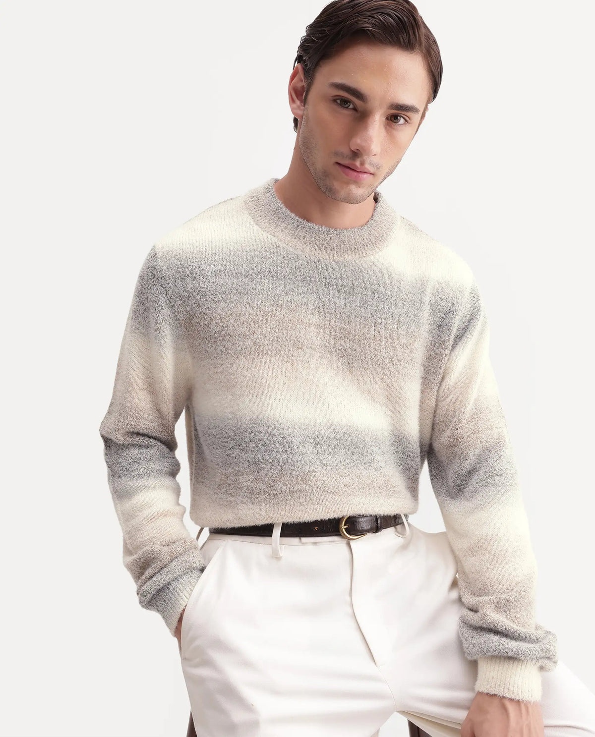 Rare Rabbit Men's Ross Light Grey Acrylic Crew Neck Regular Fit Jacquard Sweater - image 1