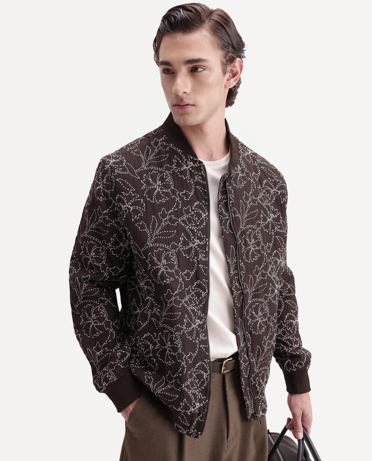 Rare Rabbit Men's Keno Dark Brown Cotton Crew Neck Regular Floral Print JACKET