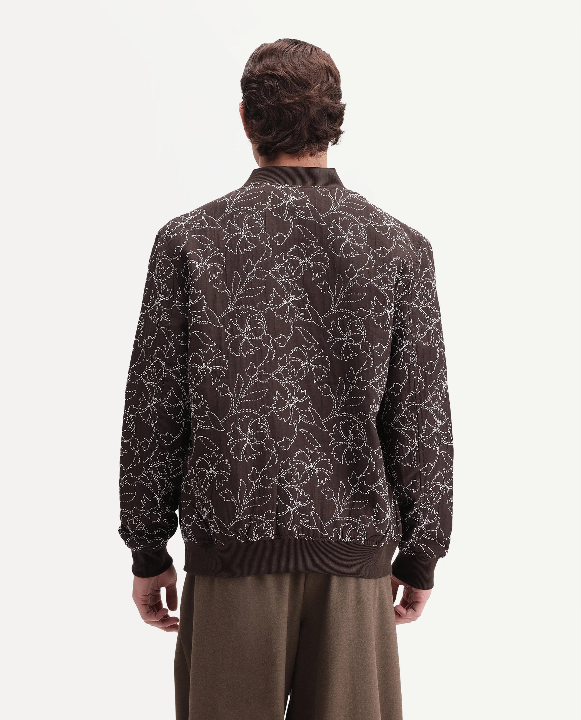 Rare Rabbit Men's Keno Dark Brown Cotton Crew Neck Regular Floral Print JACKET
