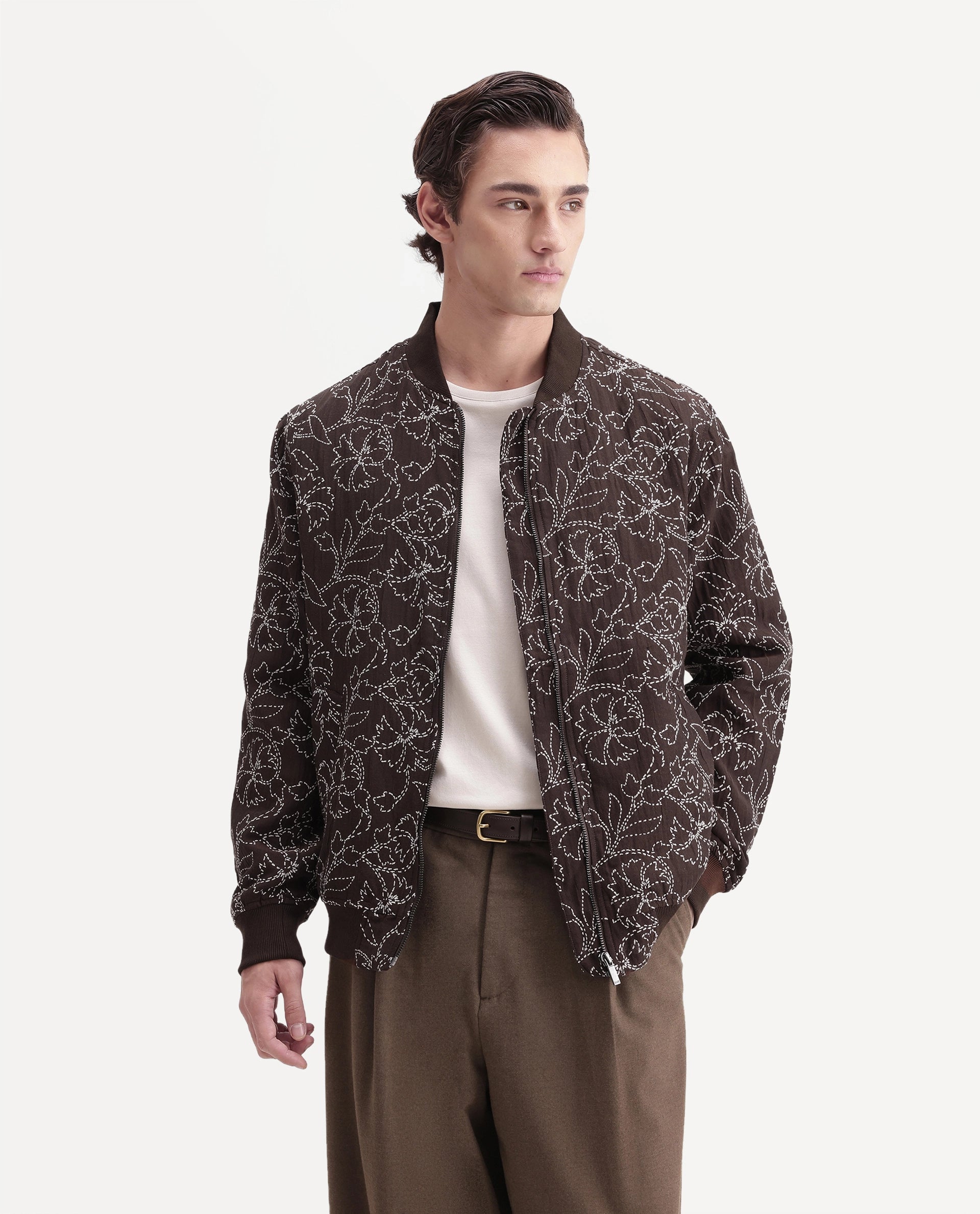 Rare Rabbit Men's Keno Dark Brown Cotton Crew Neck Regular Floral Print JACKET