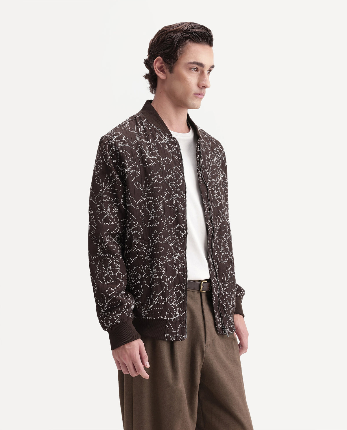 Rare Rabbit Men's Keno Dark Brown Cotton Crew Neck Regular Floral Print JACKET