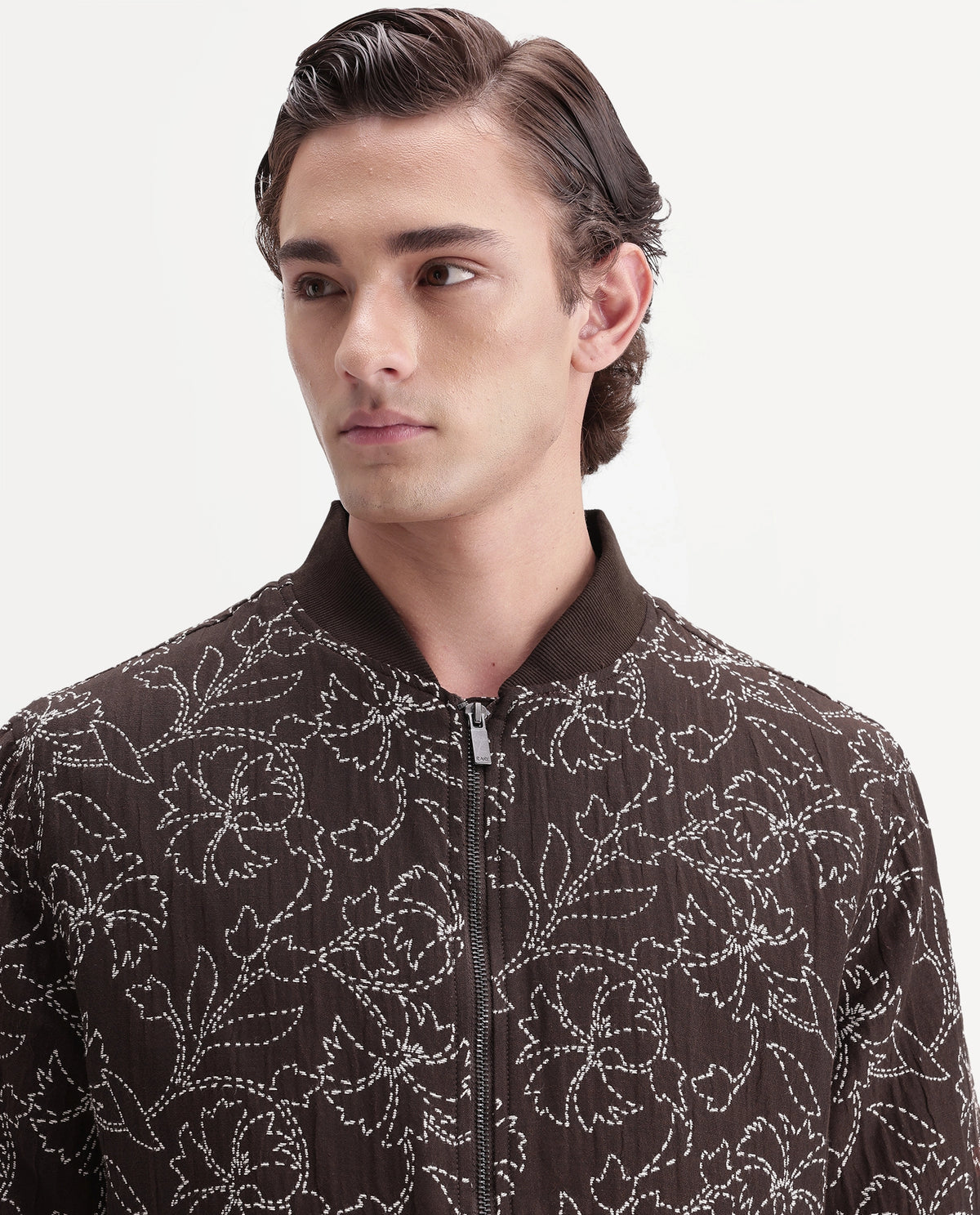 Rare Rabbit Men's Keno Dark Brown Cotton Crew Neck Regular Floral Print JACKET