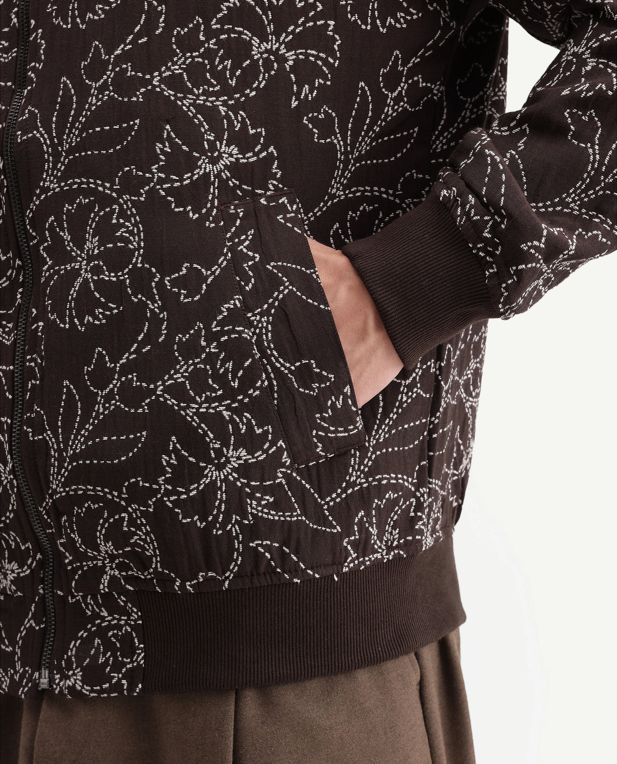 Rare Rabbit Men's Keno Dark Brown Cotton Crew Neck Regular Floral Print JACKET