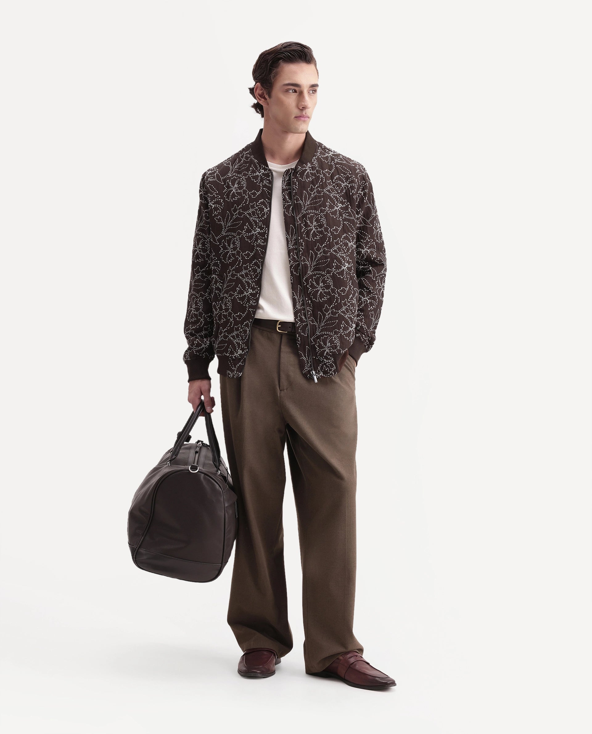Rare Rabbit Men's Keno Dark Brown Cotton Crew Neck Regular Floral Print JACKET