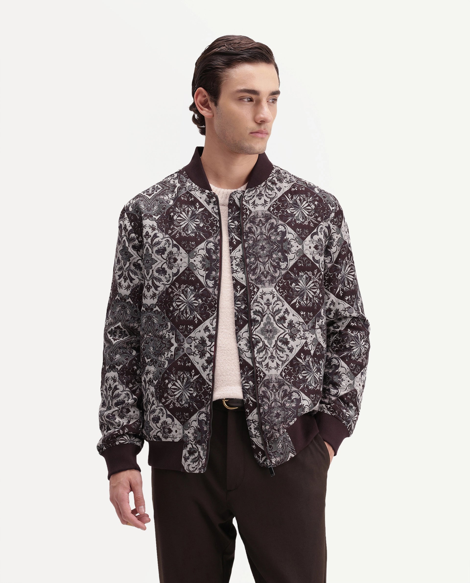 Rare Rabbit Men's Eros Maroon Cotton Blend Stand Collar Regular Jacquard Jacket