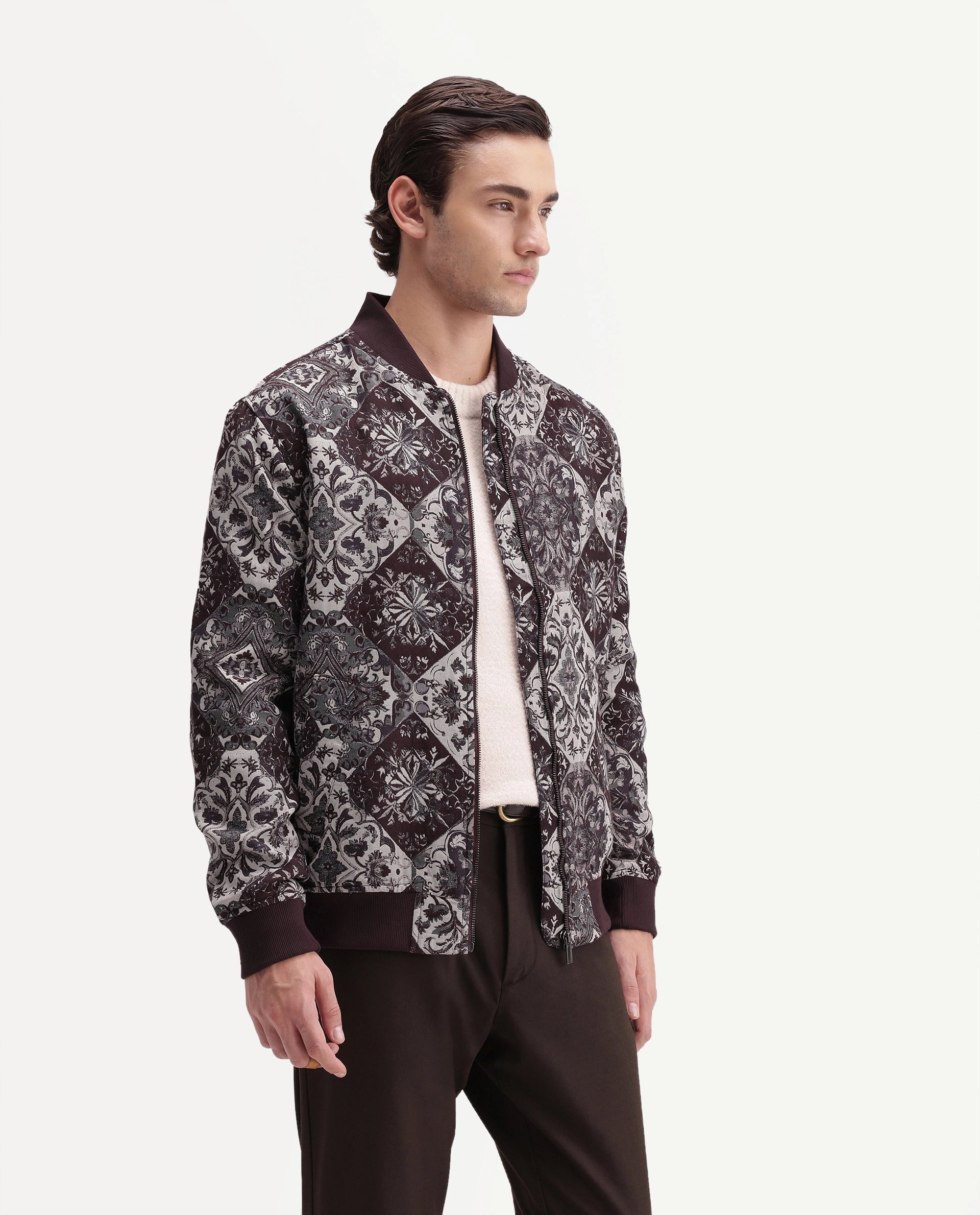 Rare Rabbit Men's Eros Maroon Cotton Blend Stand Collar Regular Jacquard Jacket