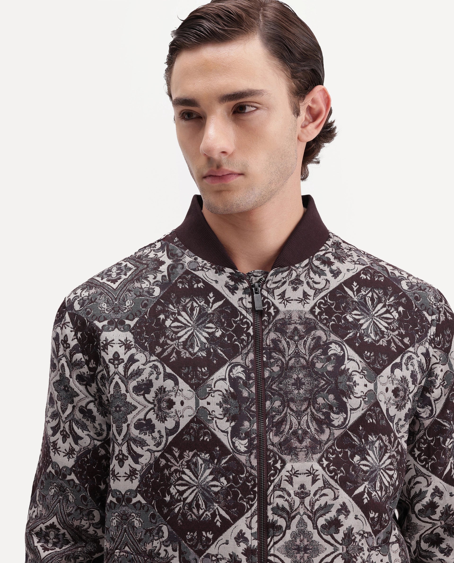 Rare Rabbit Men's Eros Maroon Cotton Blend Stand Collar Regular Jacquard Jacket