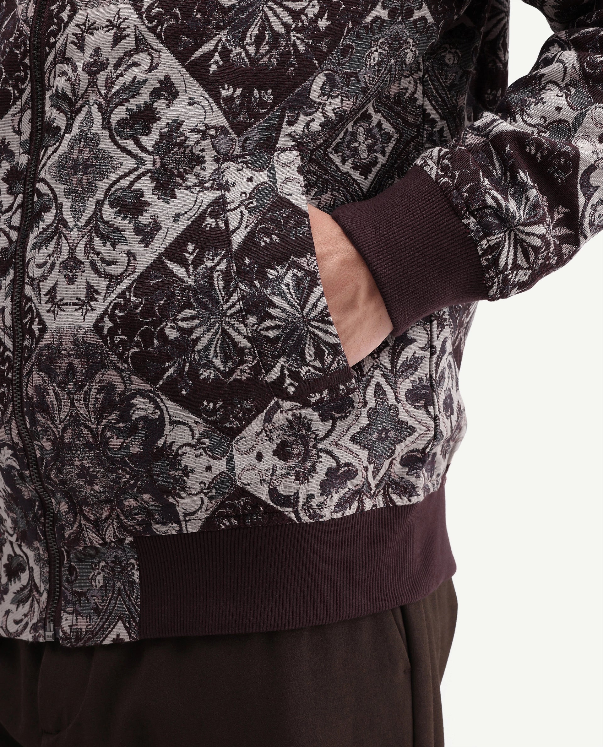 Rare Rabbit Men's Eros Maroon Cotton Blend Stand Collar Regular Jacquard Jacket