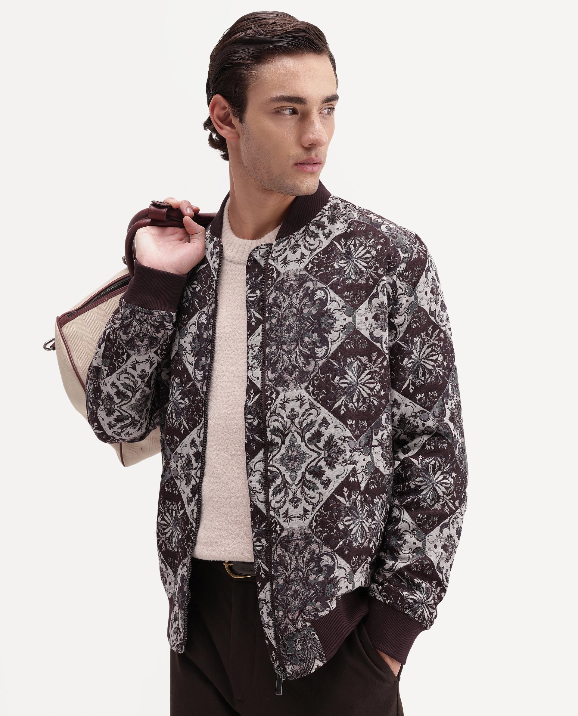 Rare Rabbit Men's Eros Maroon Cotton Blend Stand Collar Regular Jacquard Jacket