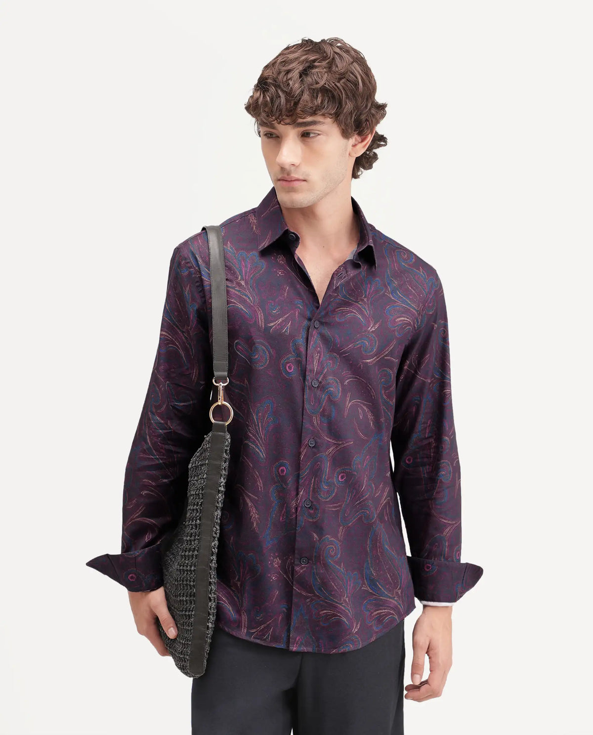Rare Rabbit Men's Brot Purple Cotton Blend Spread Collar Regular Paisley Print Shirt